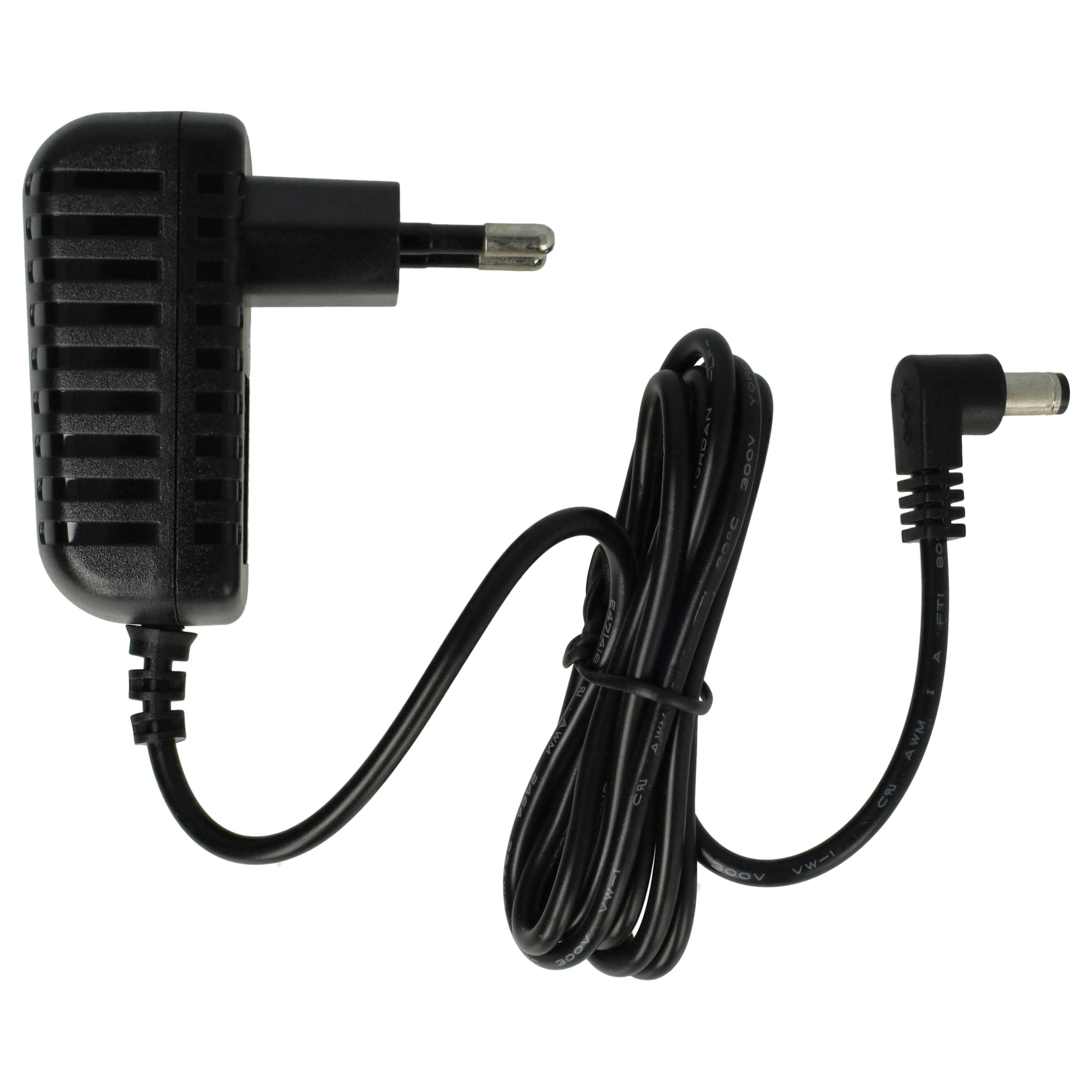 Ein schwarzes Netzteil mit einem EU-Stecker und einem abgewinkelten DC-Stecker.