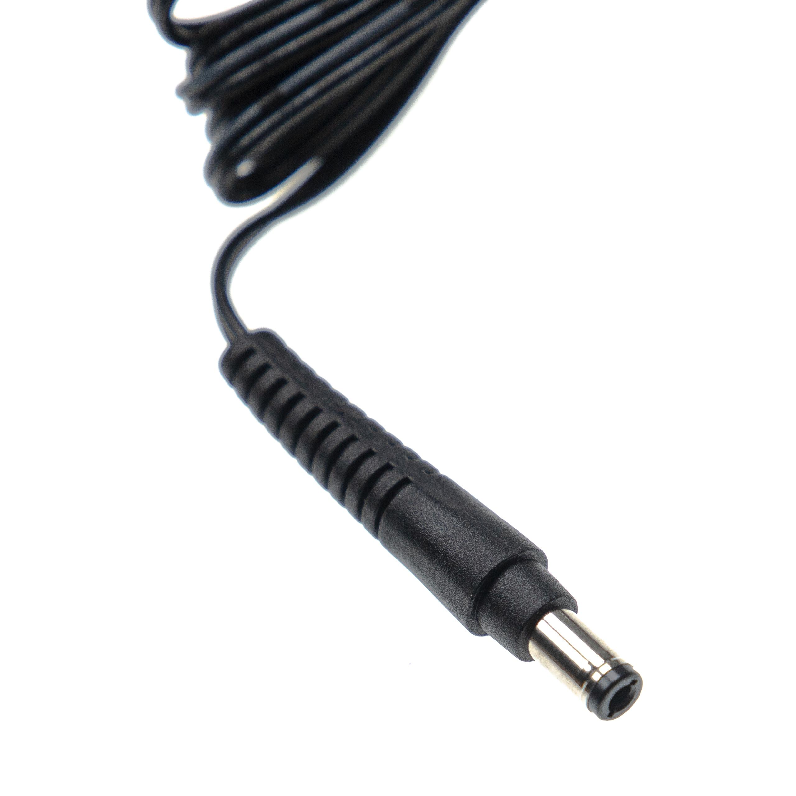 Schwarzes Kabel mit einem runden Stecker, auf weißem Hintergrund.