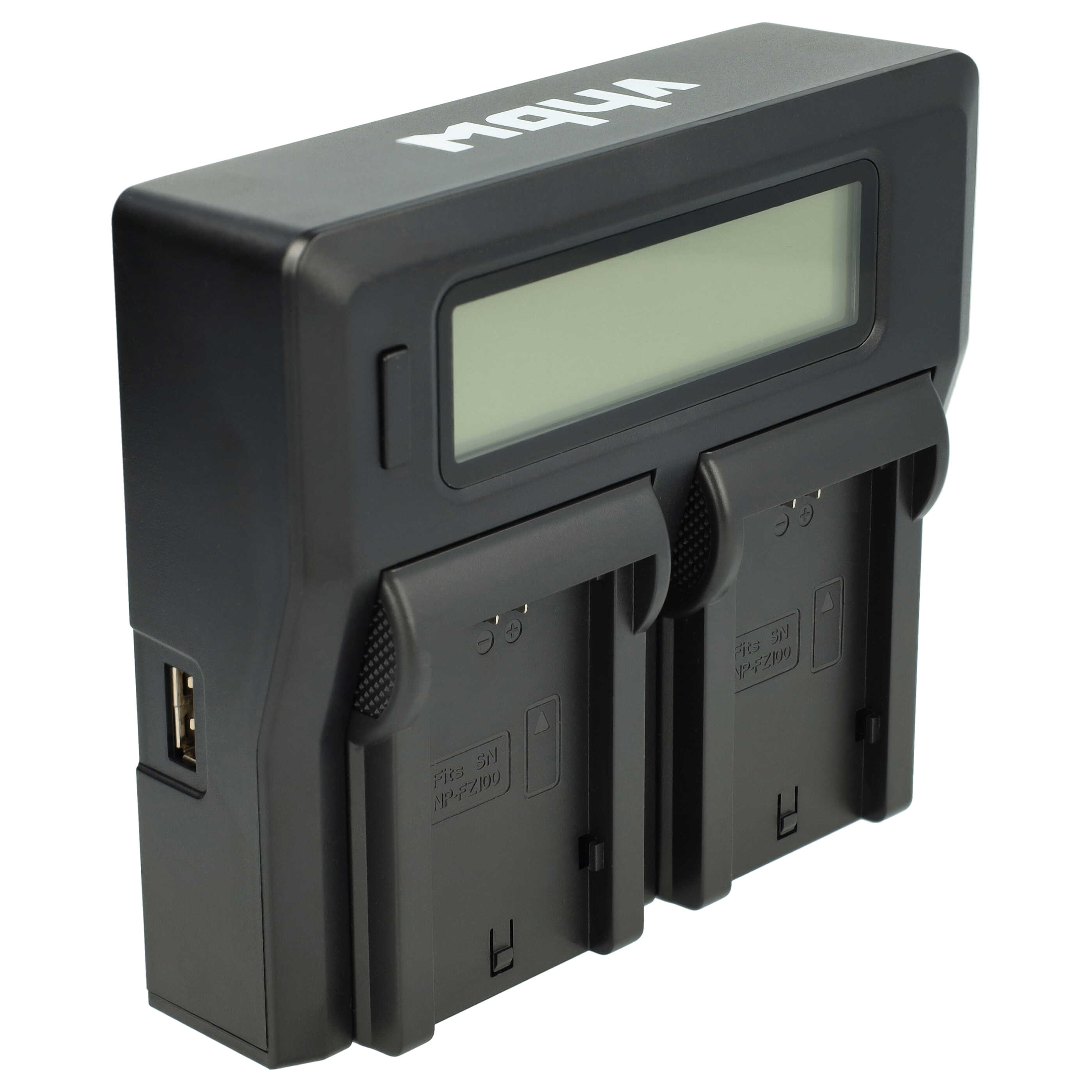 Schwarzes Ladegerät mit zwei Schächten, LCD-Bildschirm und USB-Anschluss.