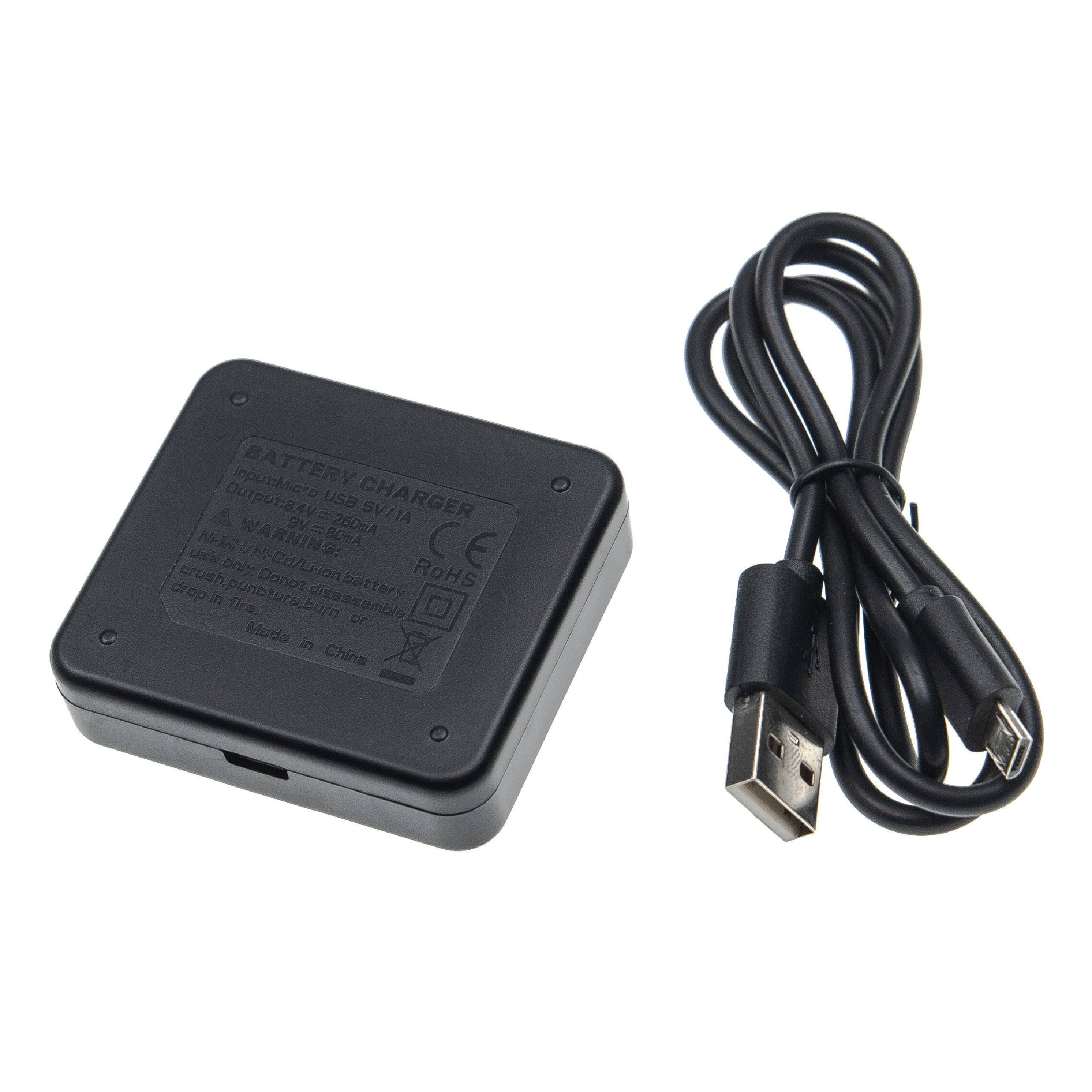 Ein schwarzes Ladegerät und ein USB-Kabel liegen auf weißem Hintergrund.