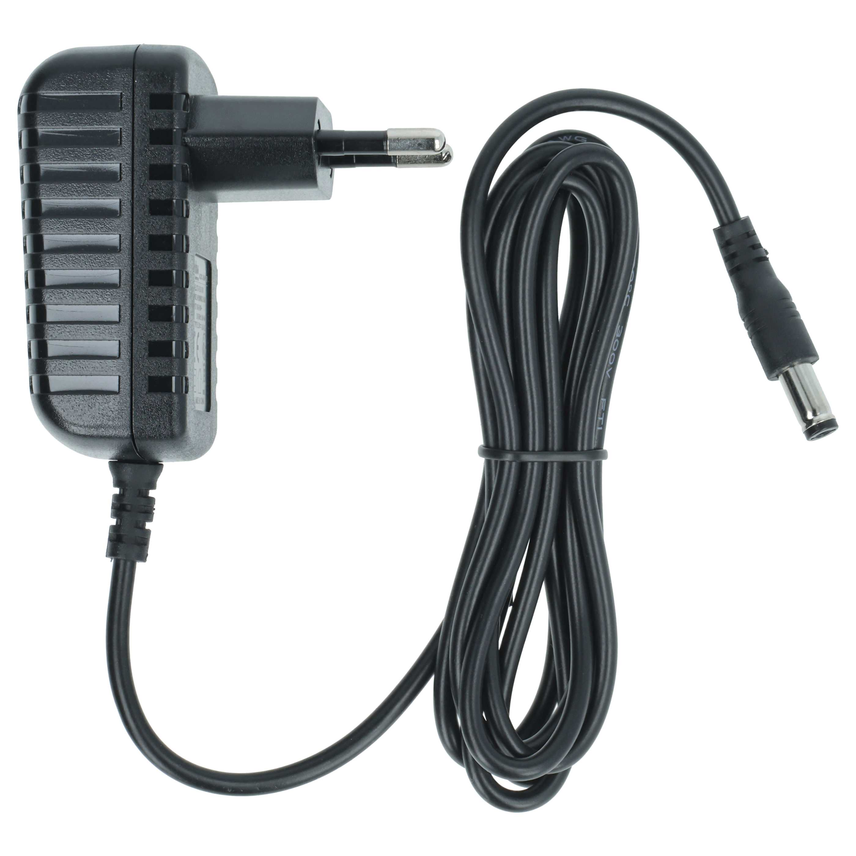 Schwarzes Netzteil mit Kabel und Stecker auf weißem Hintergrund.