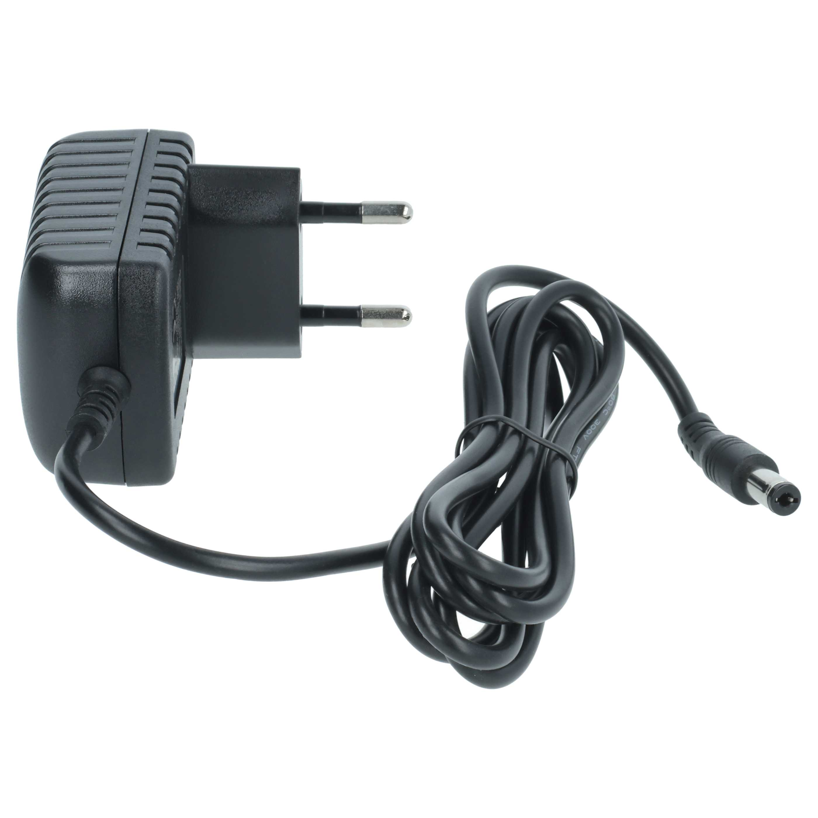 Schwarzes Netzteil mit Eurostecker und Kabel mit Hohlstecker.