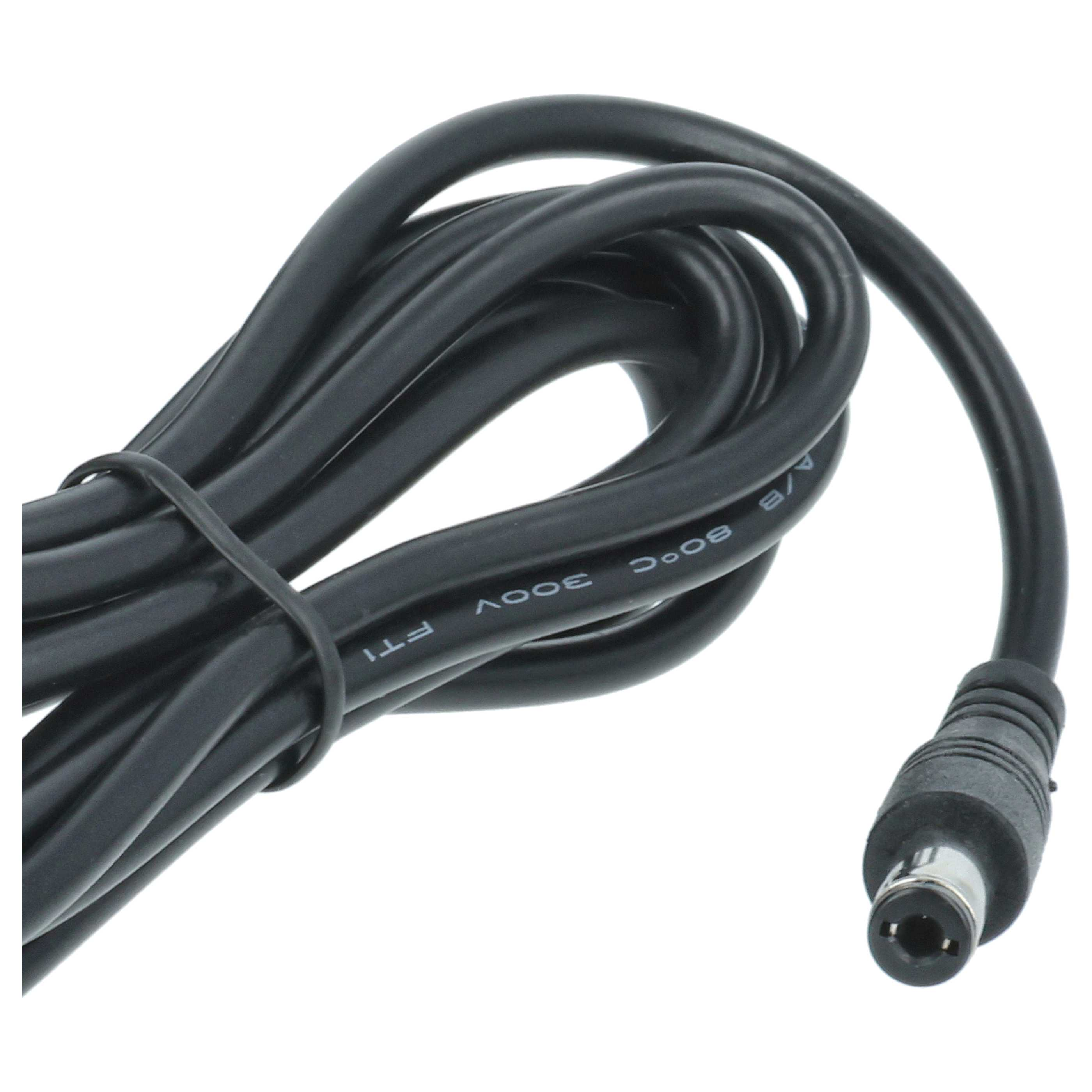 Ein schwarzes Kabel mit einem runden Stecker, auf weißem Hintergrund.