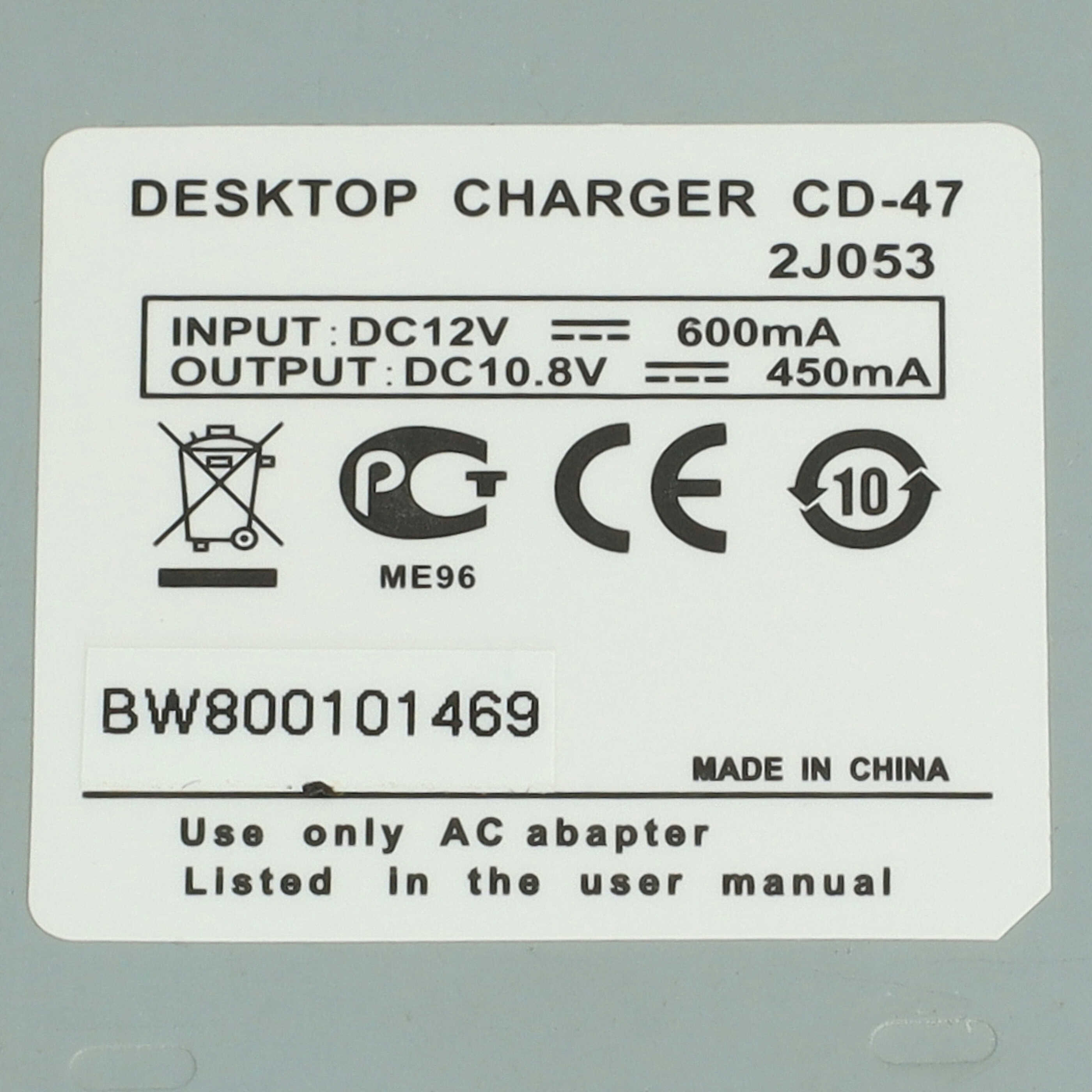 Desktop-Ladegerät CD-47, 12V 600mA Eing., 10.8V 450mA Ausg., Made in China.