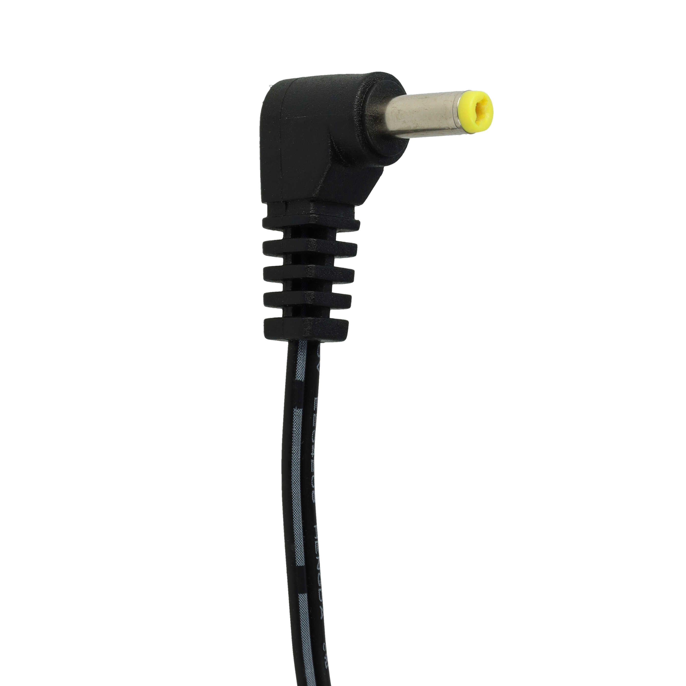 Ein schwarzer 90-Grad-Stecker mit gelber Spitze und geriffeltem Kabel.