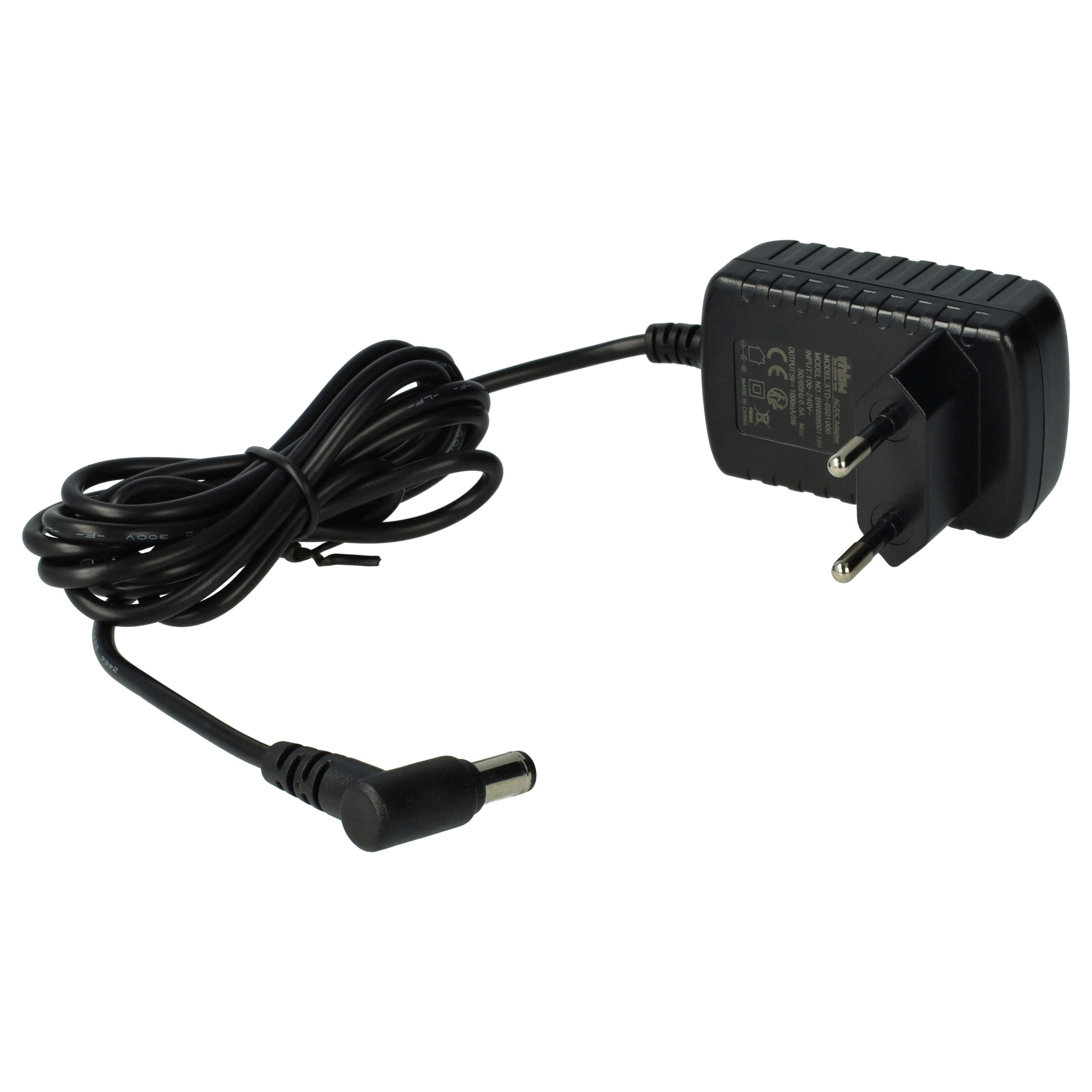 Schwarzes Netzteil mit Eurostecker und abgewinkeltem Hohlstecker.