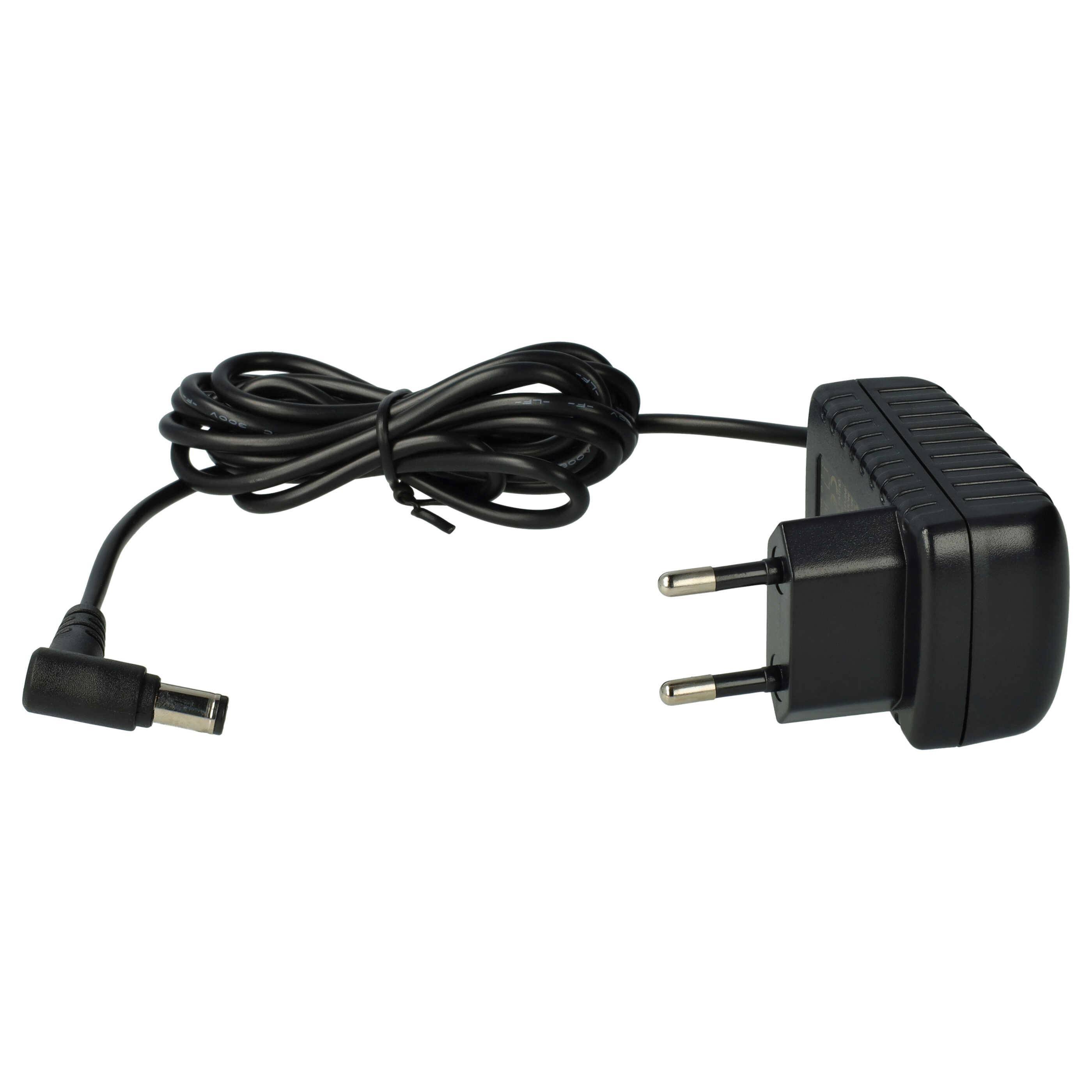 Schwarzes Netzteil mit gewickeltem Kabel und Eurostecker.