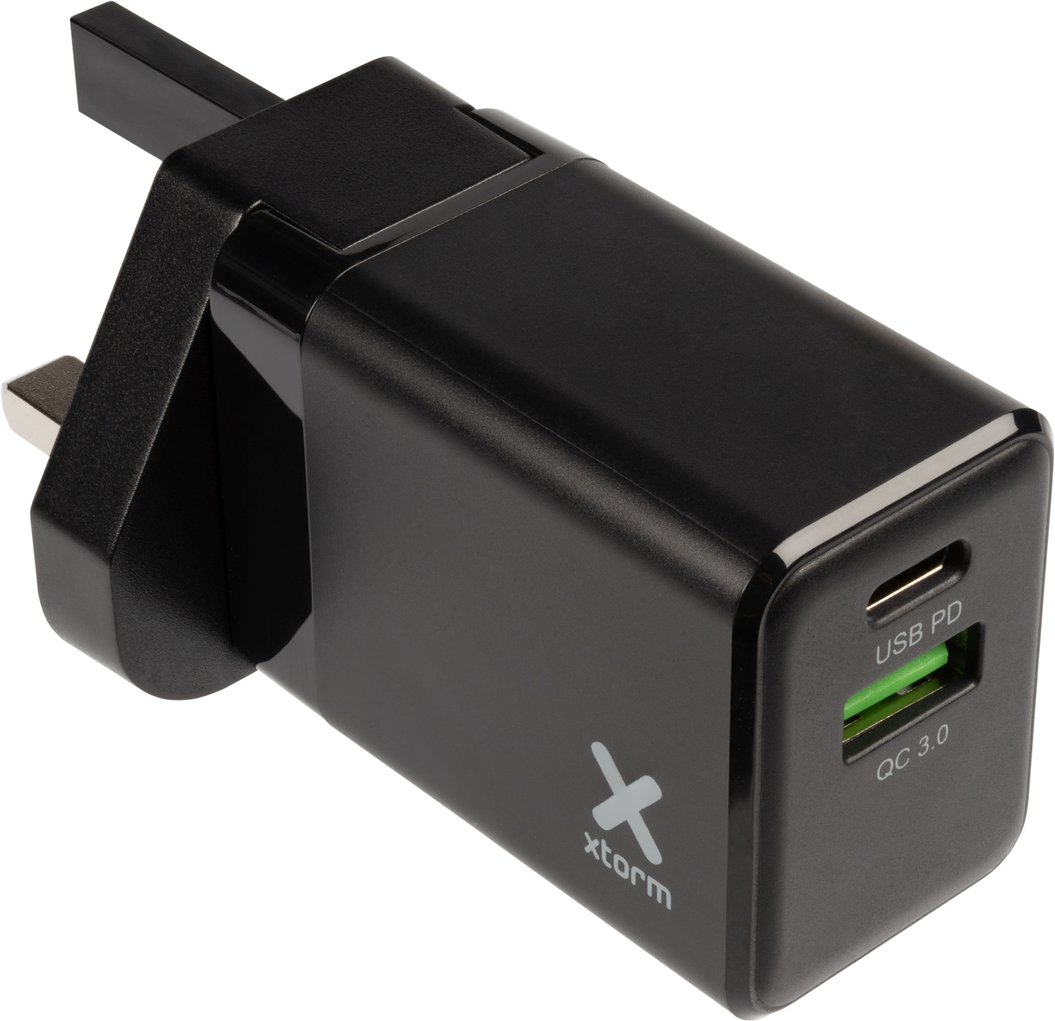 Schwarzer USB-Ladegerät-Adapter mit UK-Stecker und grüner USB-PD/QC 3.0-Buchse.