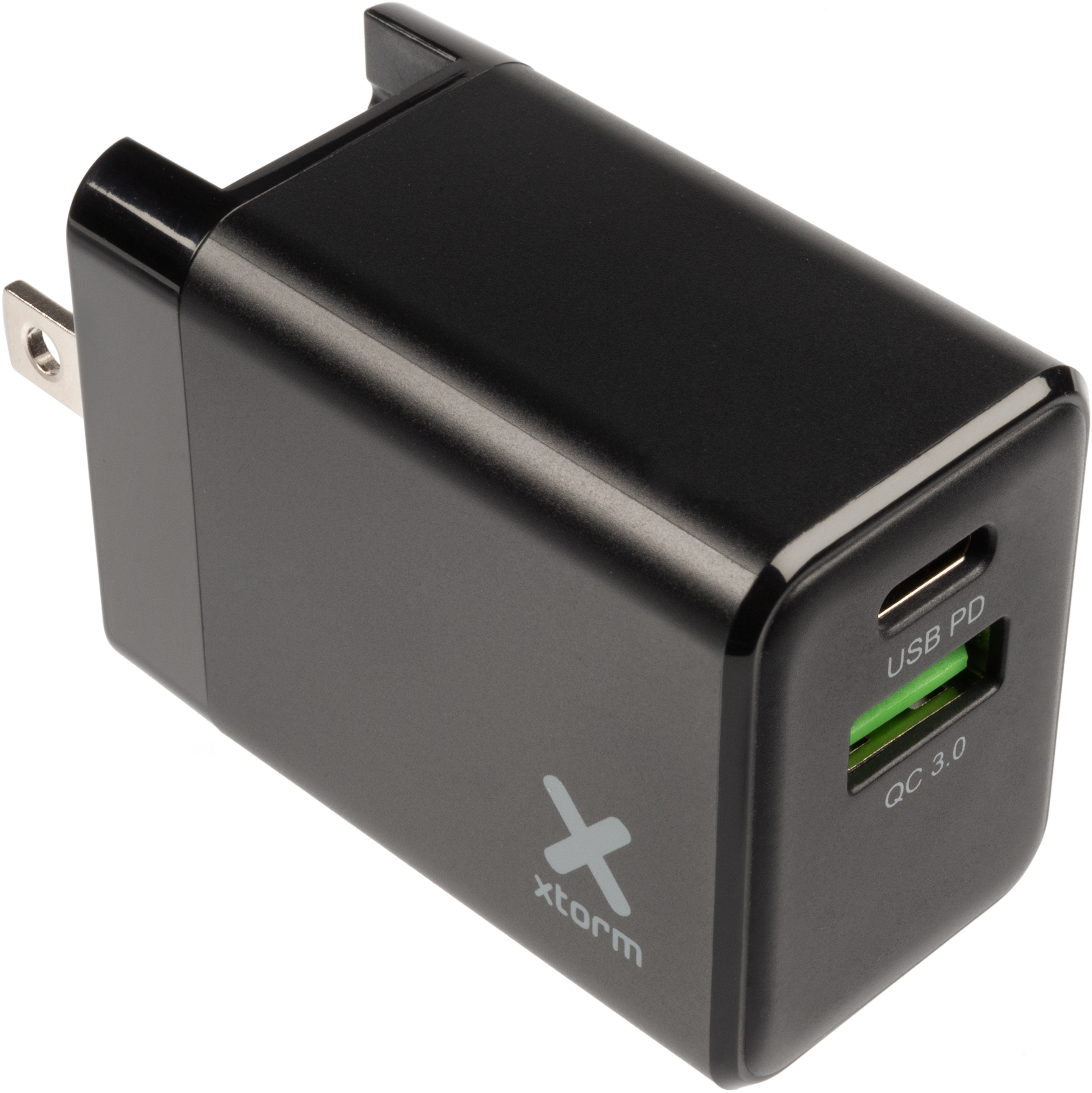 Ein schwarzes USB-Ladegerät mit USB-PD- und QC-3.0-Anschlüssen.