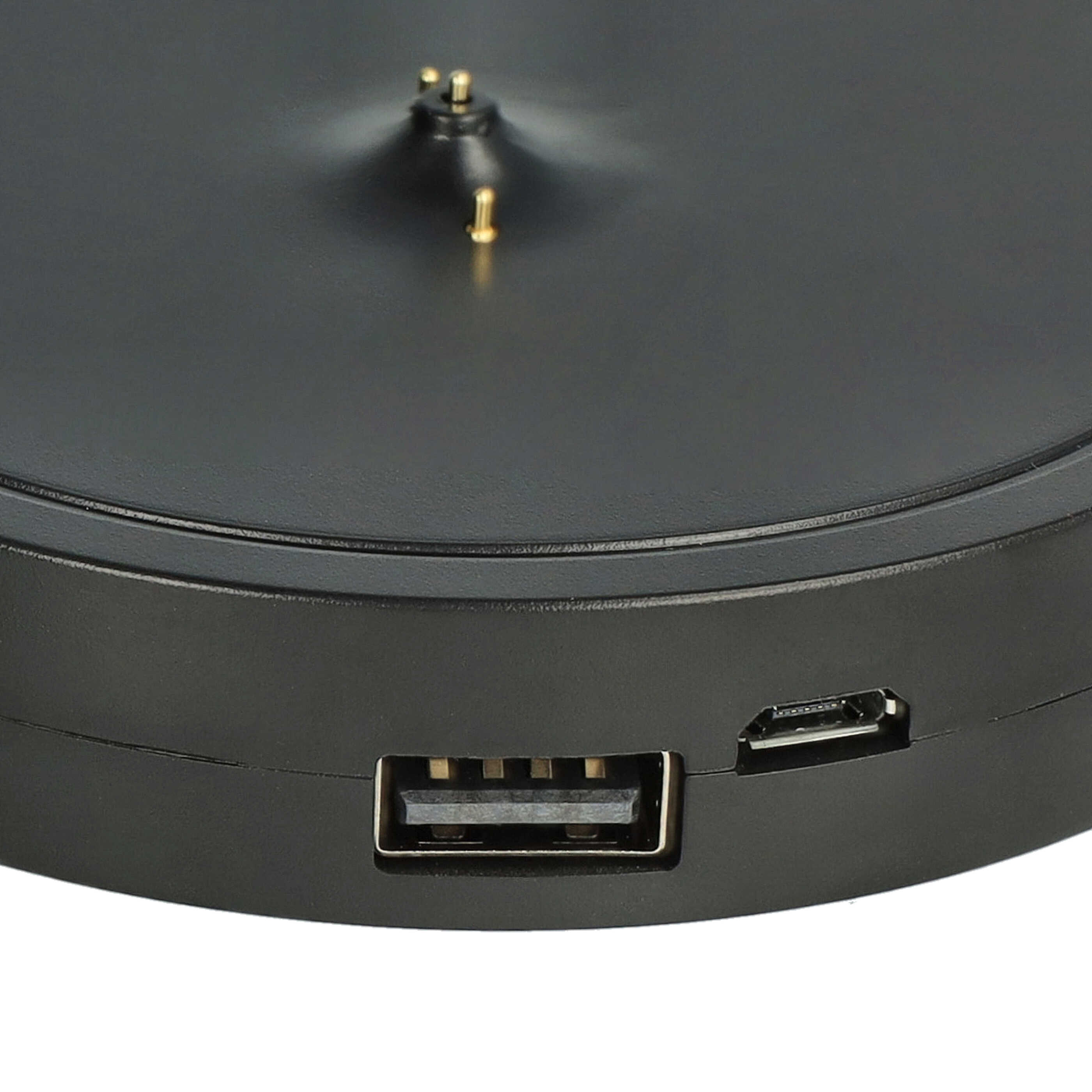 Schwarzes Ladegerät mit USB-A- und Micro-USB-Anschluss.