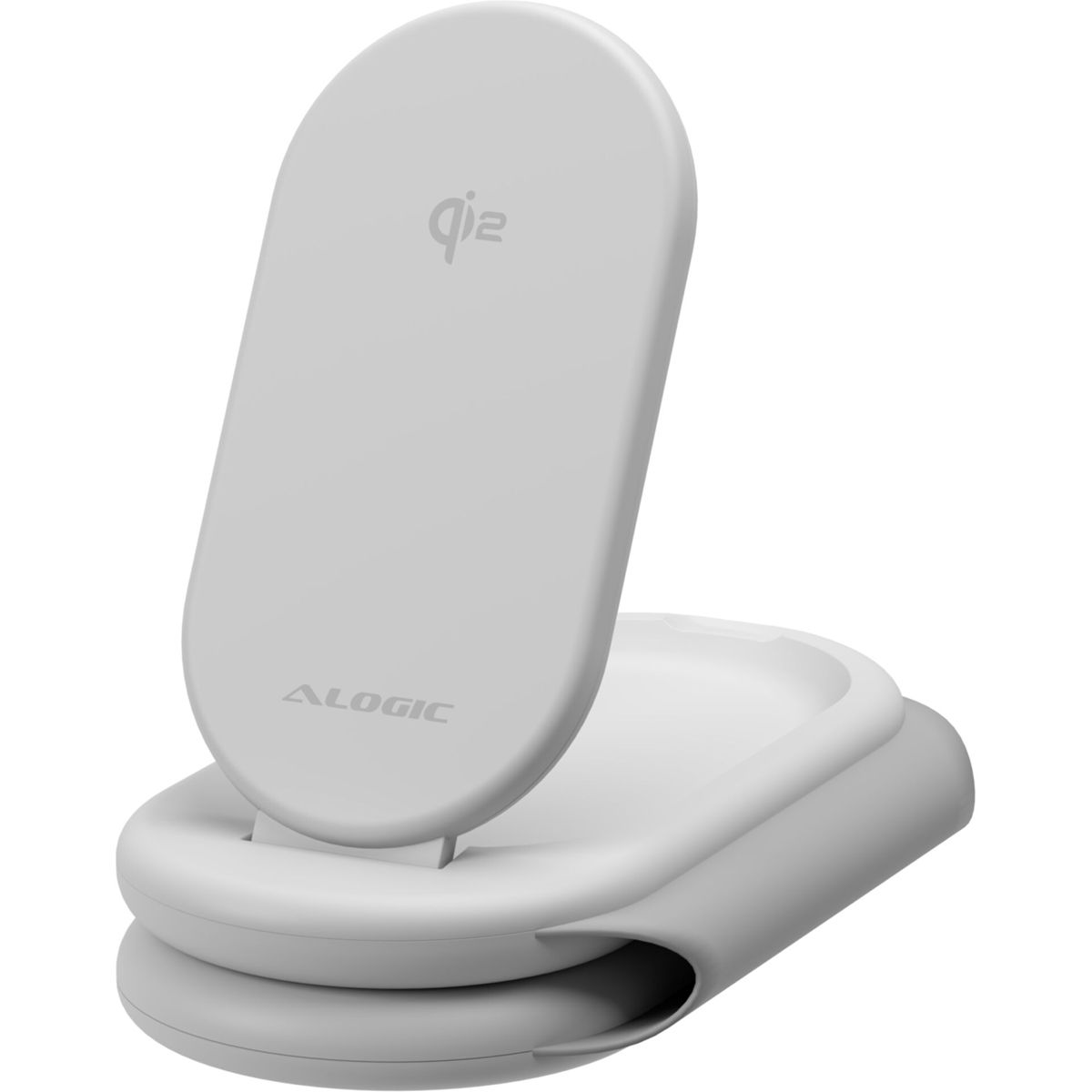 Ein weißes, zusammengeklapptes kabelloses Ladegerät mit Qi-Logo.
