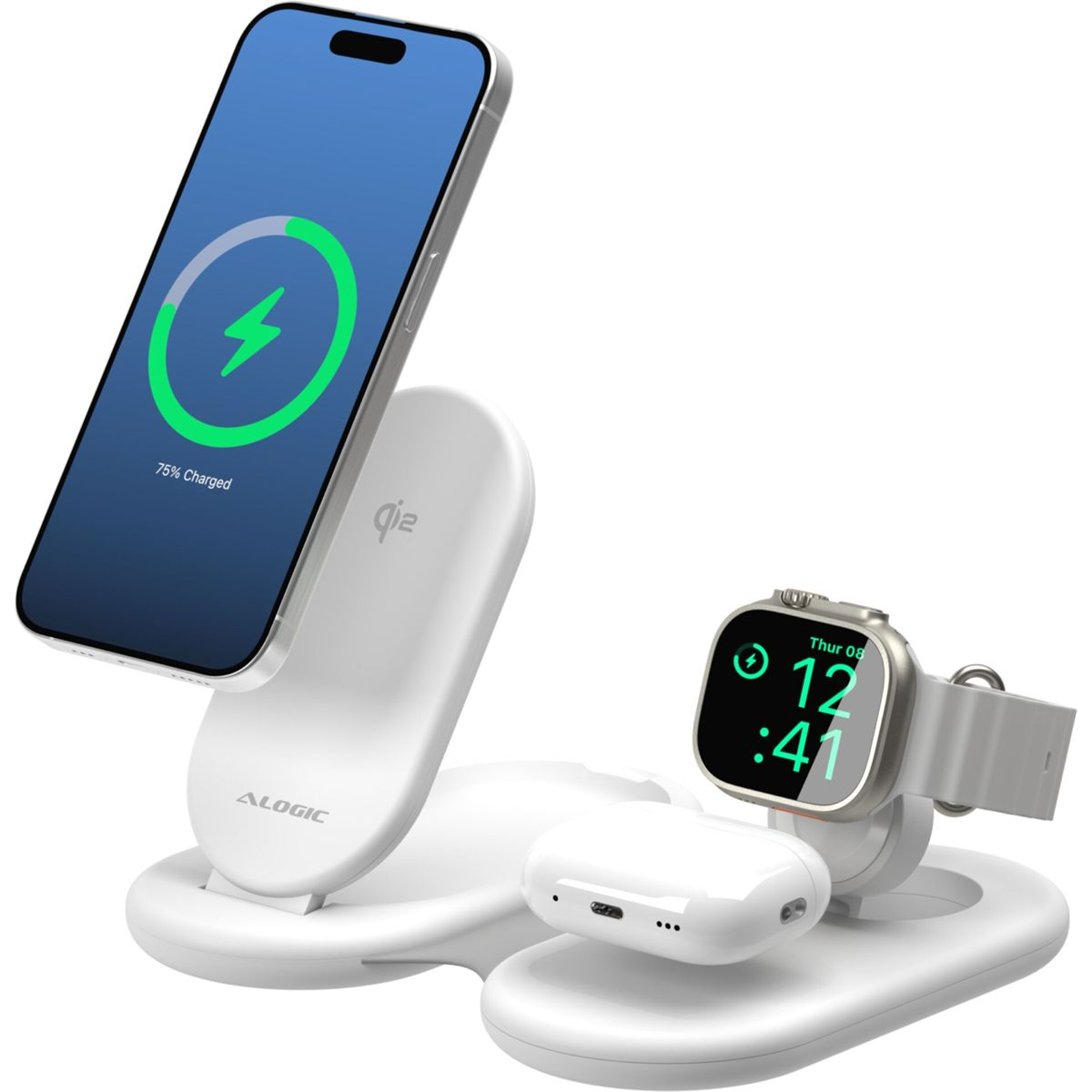 Ein weißes Ladegerät mit iPhone, AirPods und Apple Watch auf weißem Hintergrund.