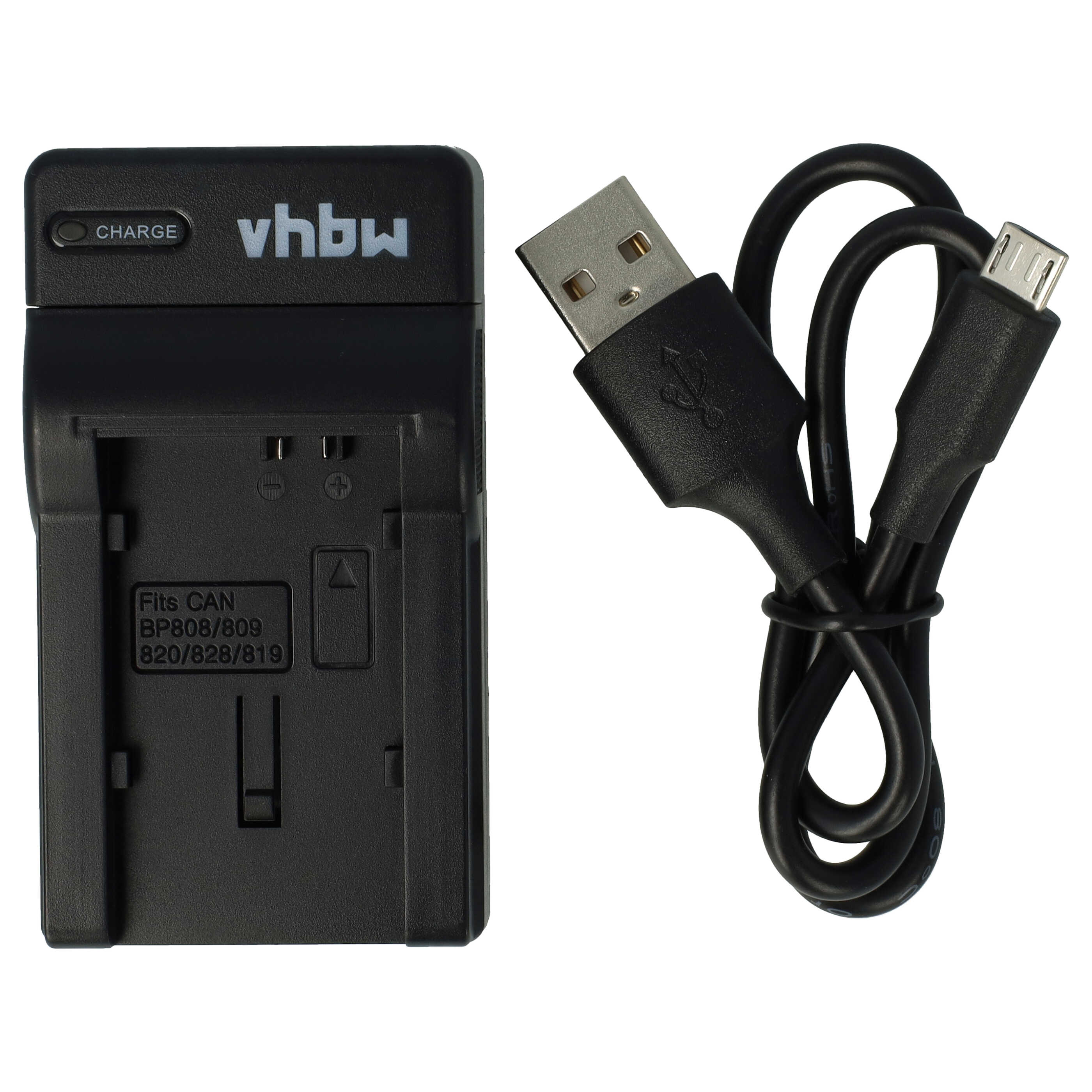 Schwarzer Akkuladegerät-Einsatz und USB-Kabel auf weißem Hintergrund.