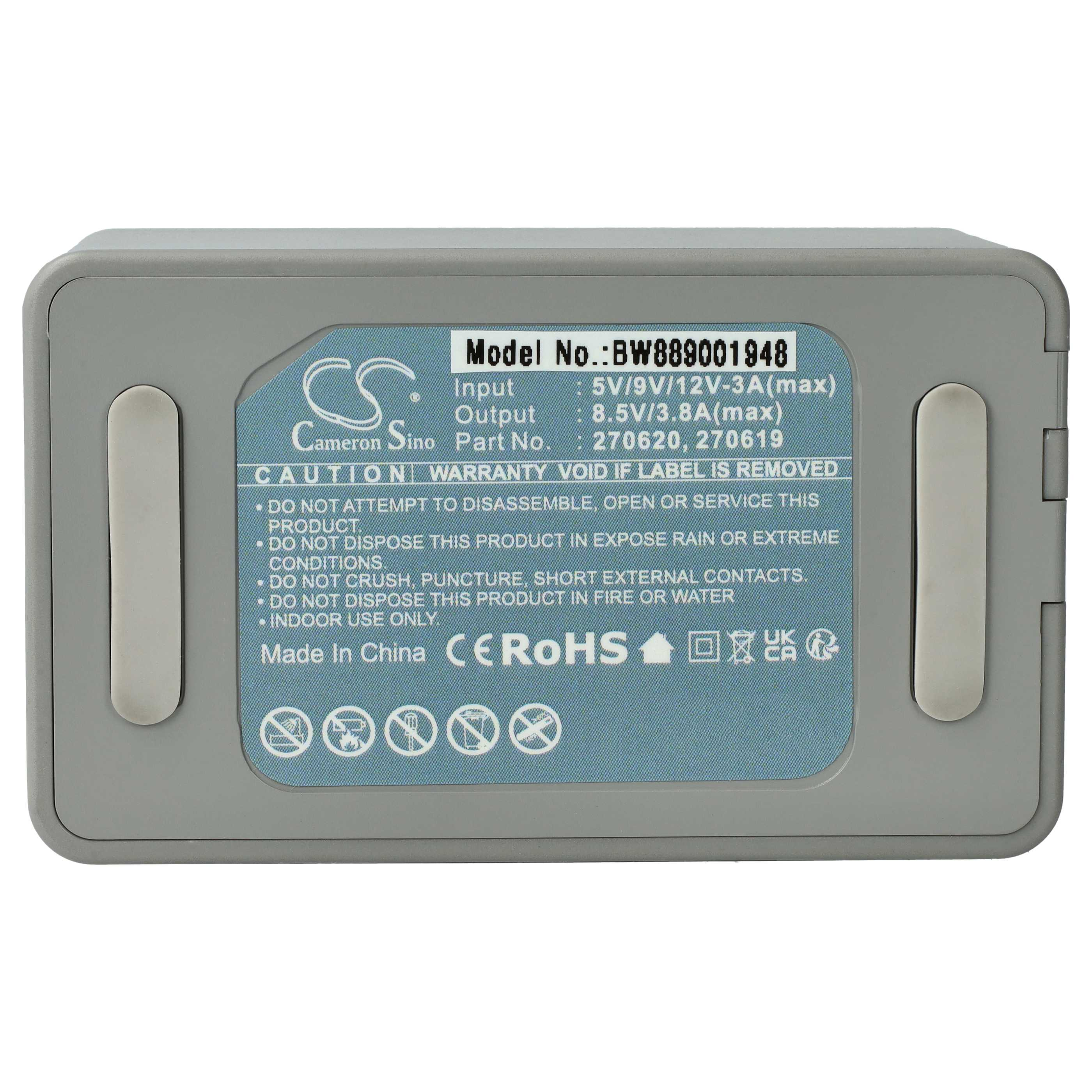 Grauer Akku mit Beschriftung: Modell BW889001948, Input/Output-Daten, Warnhinweise.