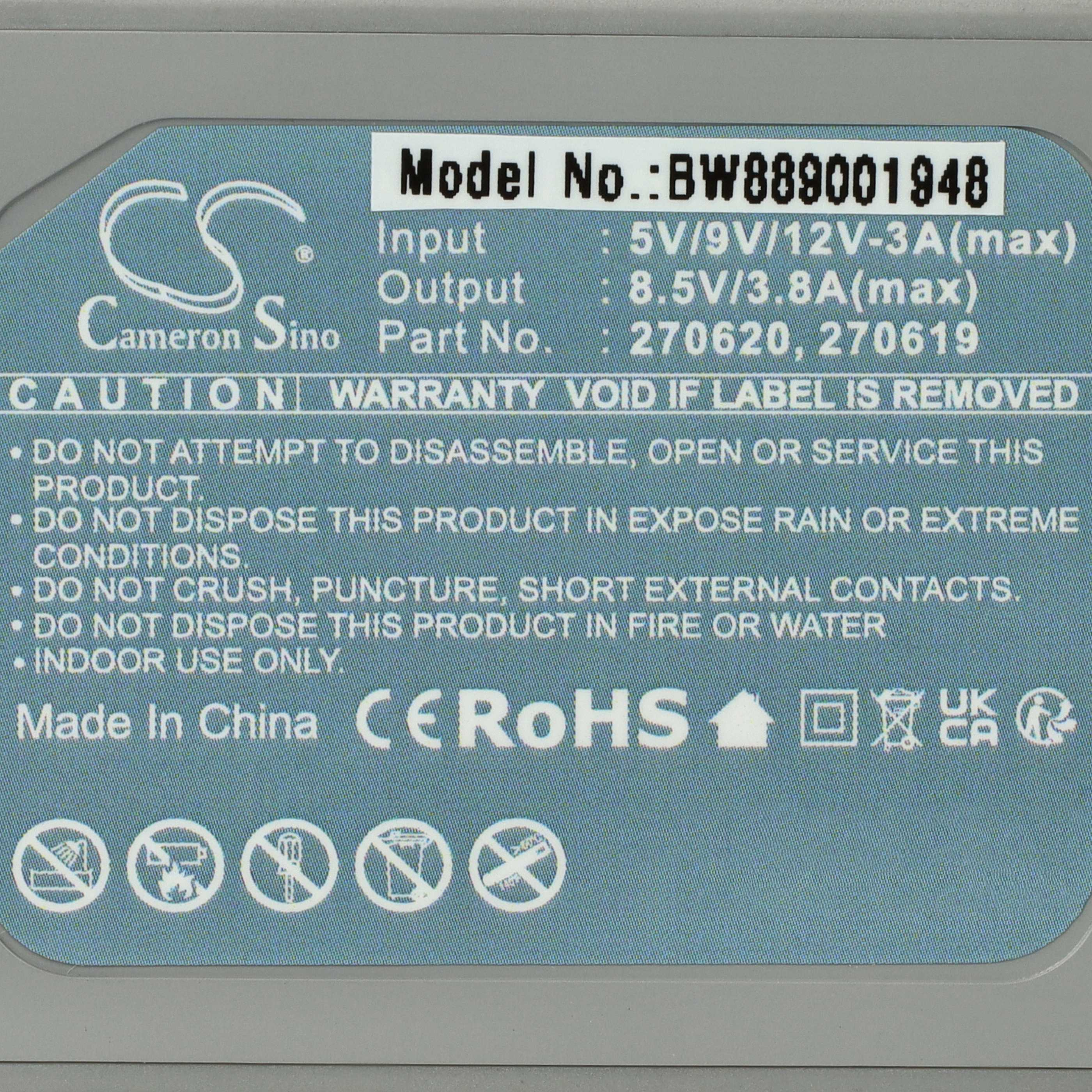 Etikett eines Cameron Sino Akkus mit Modellnummer BW889001948.