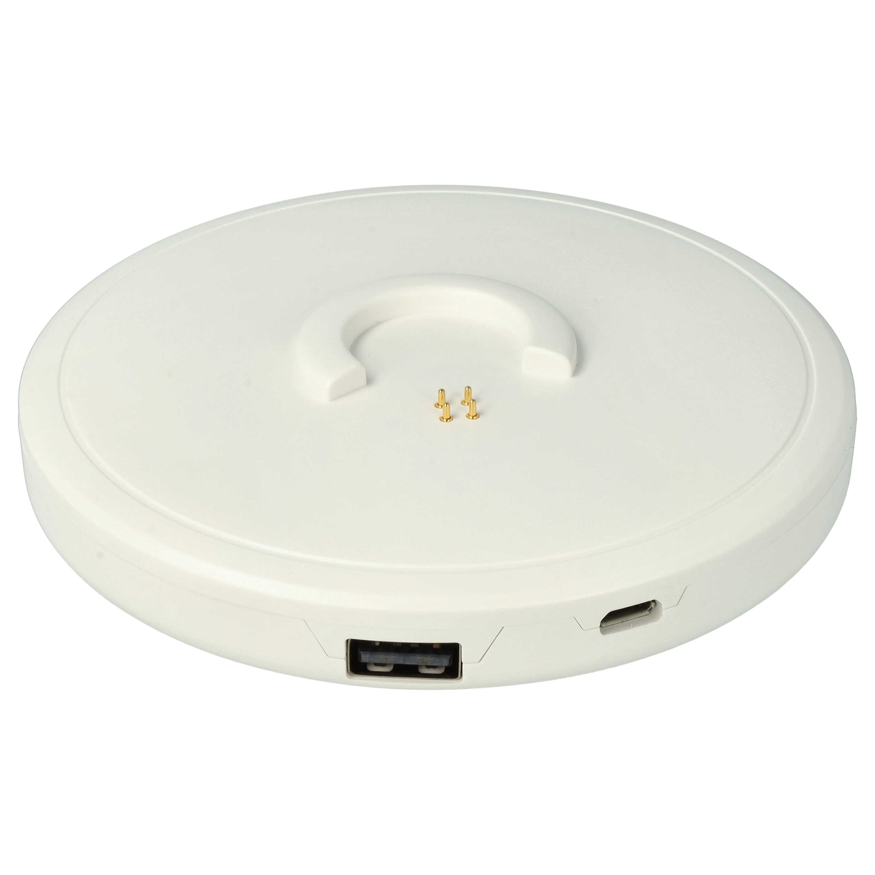 Ein weißes, rundes Ladegerät mit USB- und Micro-USB-Anschlüssen.