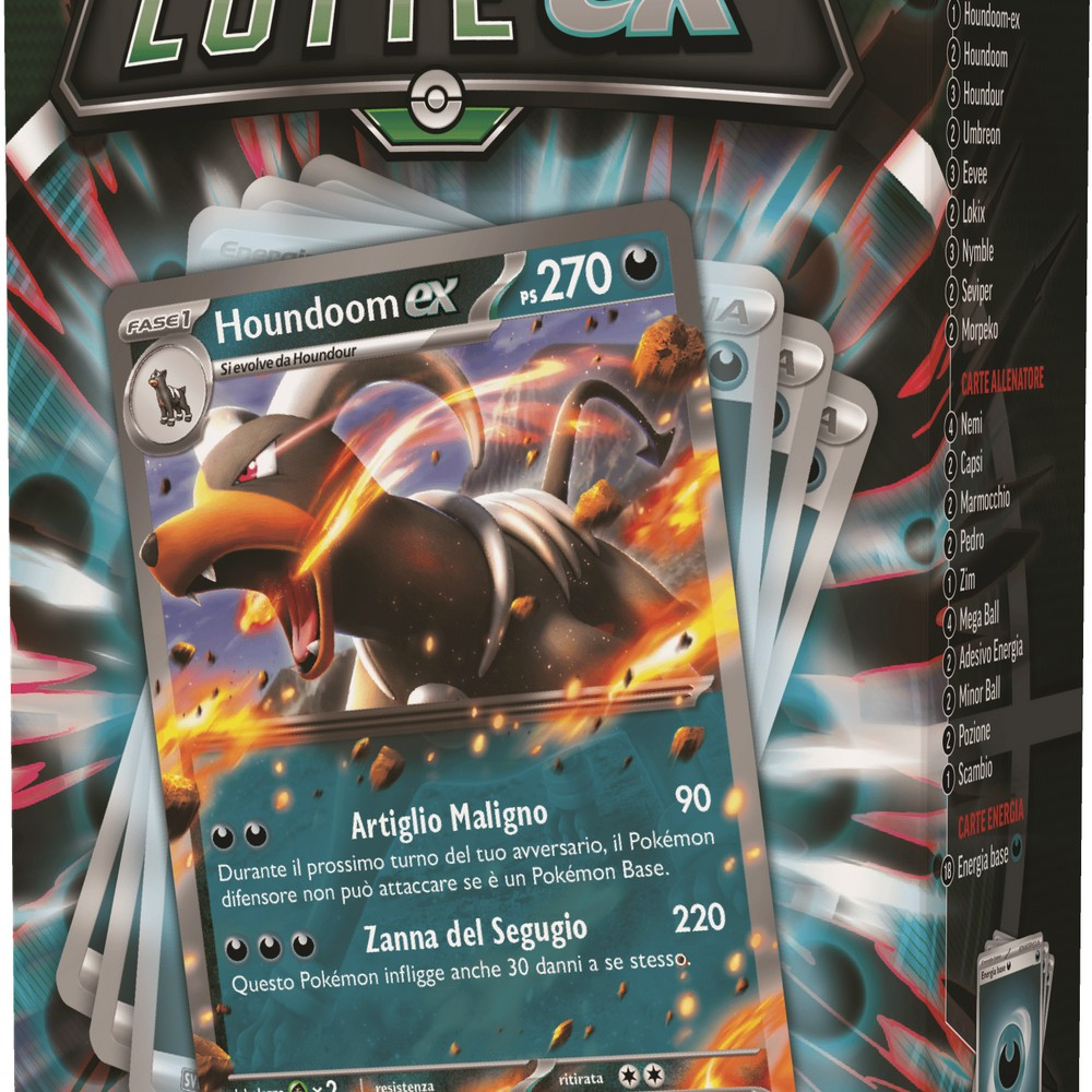 Una carta Pokémon Houndoom EX con fiamme e rocce.