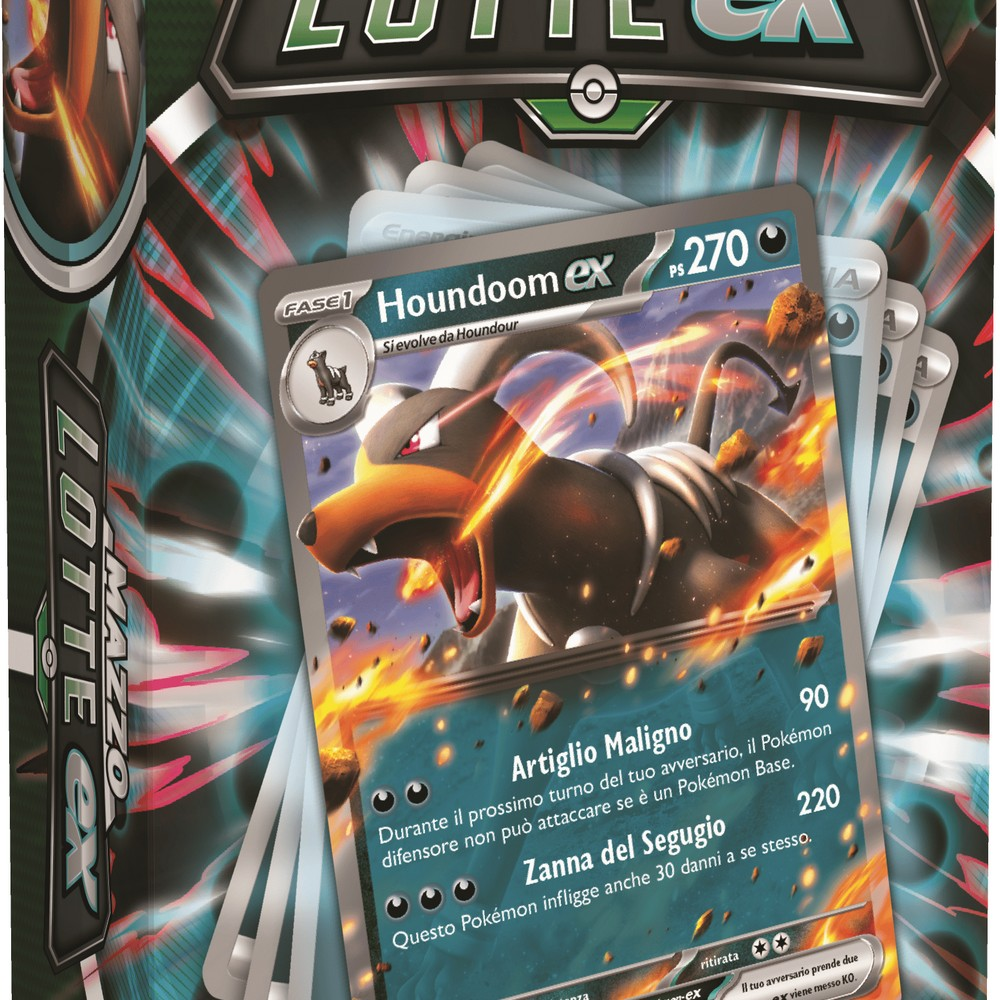 Carte collezionabile Houndoom EX con fiamme ed effetti energetici. Testo e statistiche visibili.
