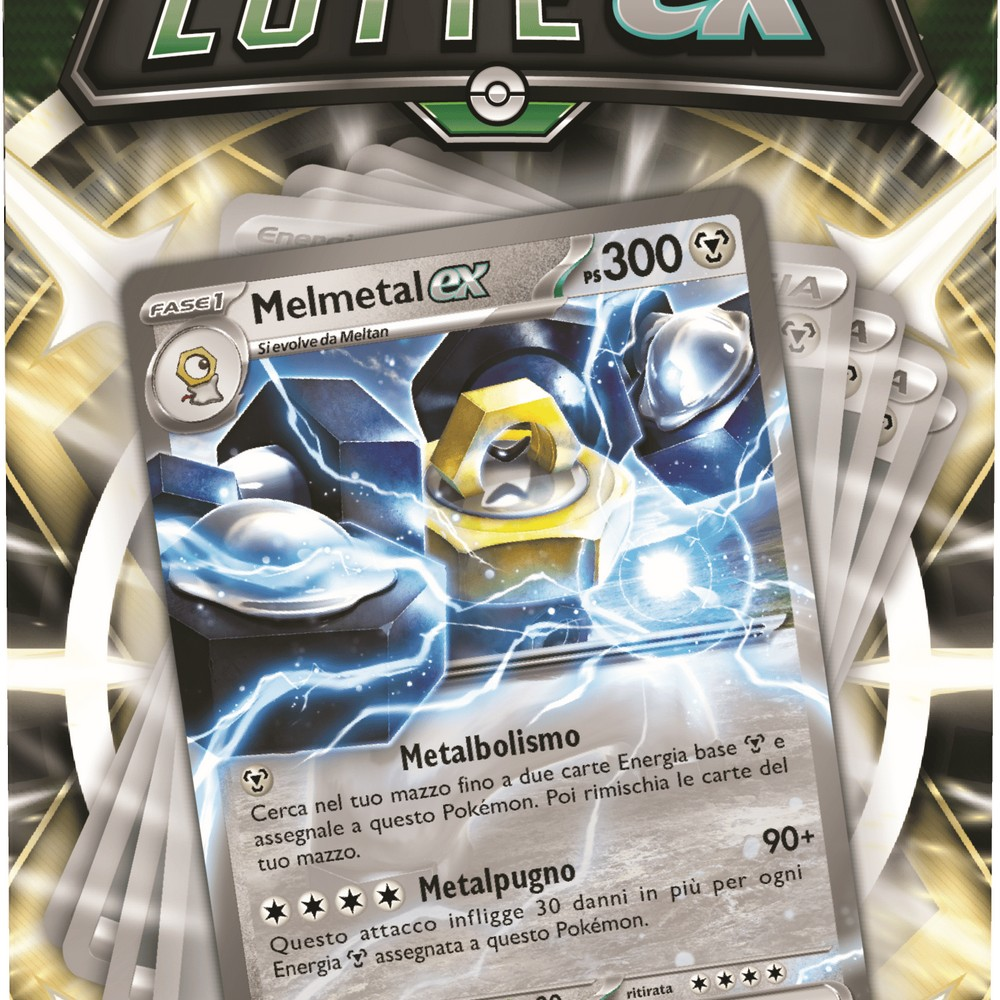 Una carta Pokémon con Melmetal EX circondato da fulmini.