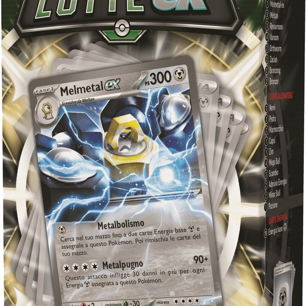 Una carta Pokémon Melmetal EX con fulmini ed energia.