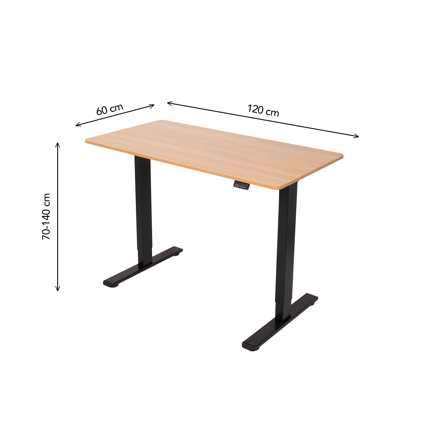 A light wood desk with black legs, dimensions 120x60cm, height 70-140cm.