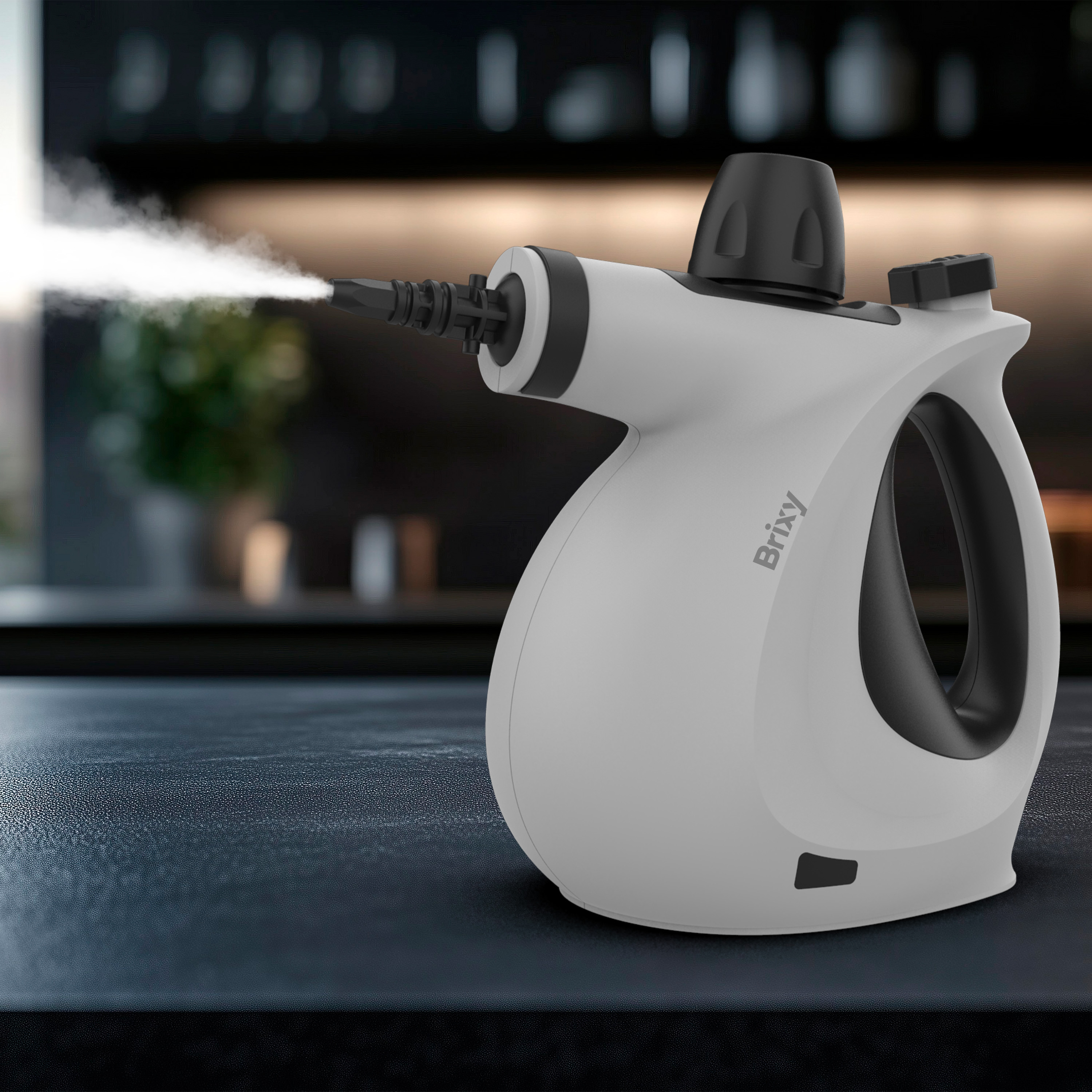 A white steam cleaner with a black handle sprays steam.