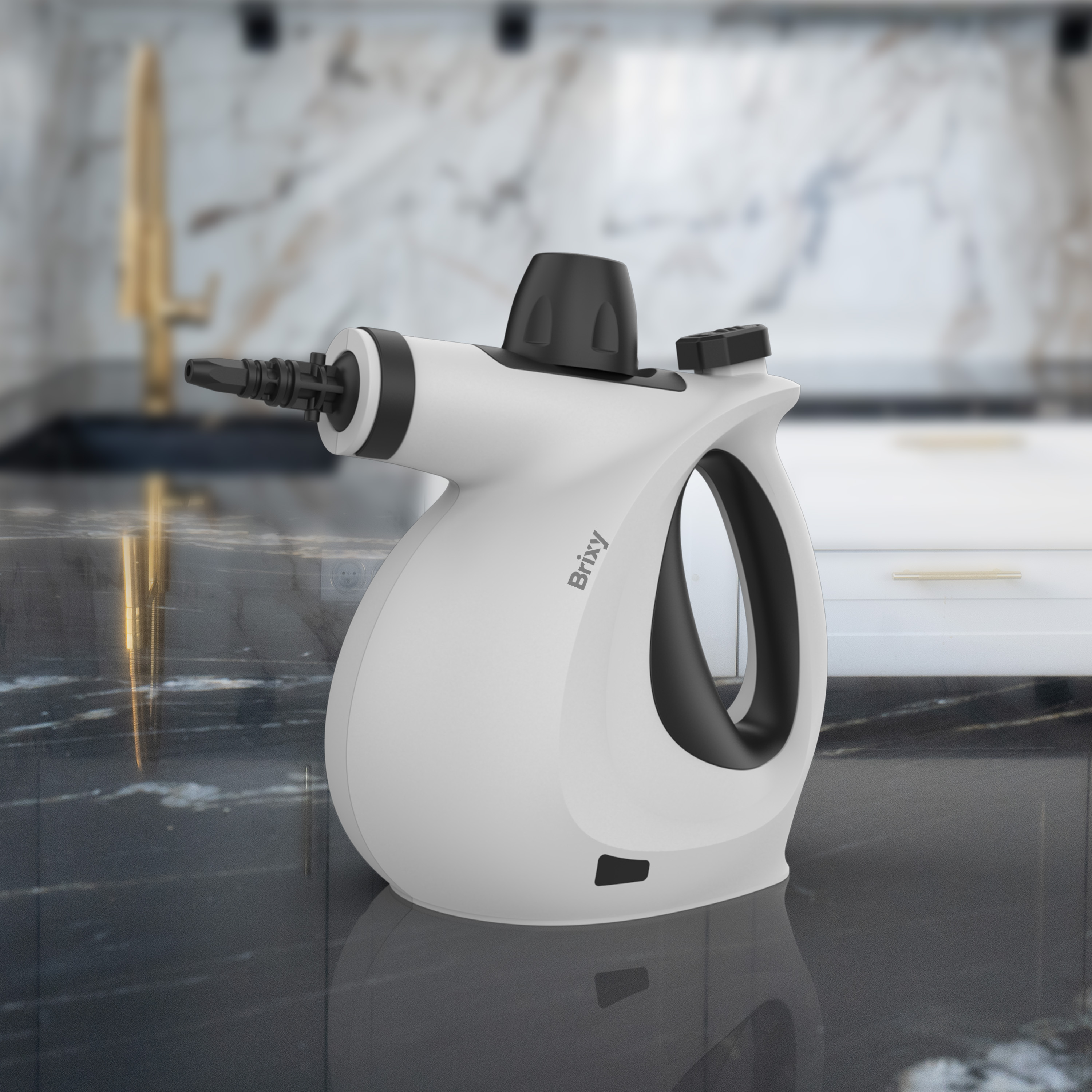 A white handheld steam cleaner with a black handle and nozzle rests on a marble surface.