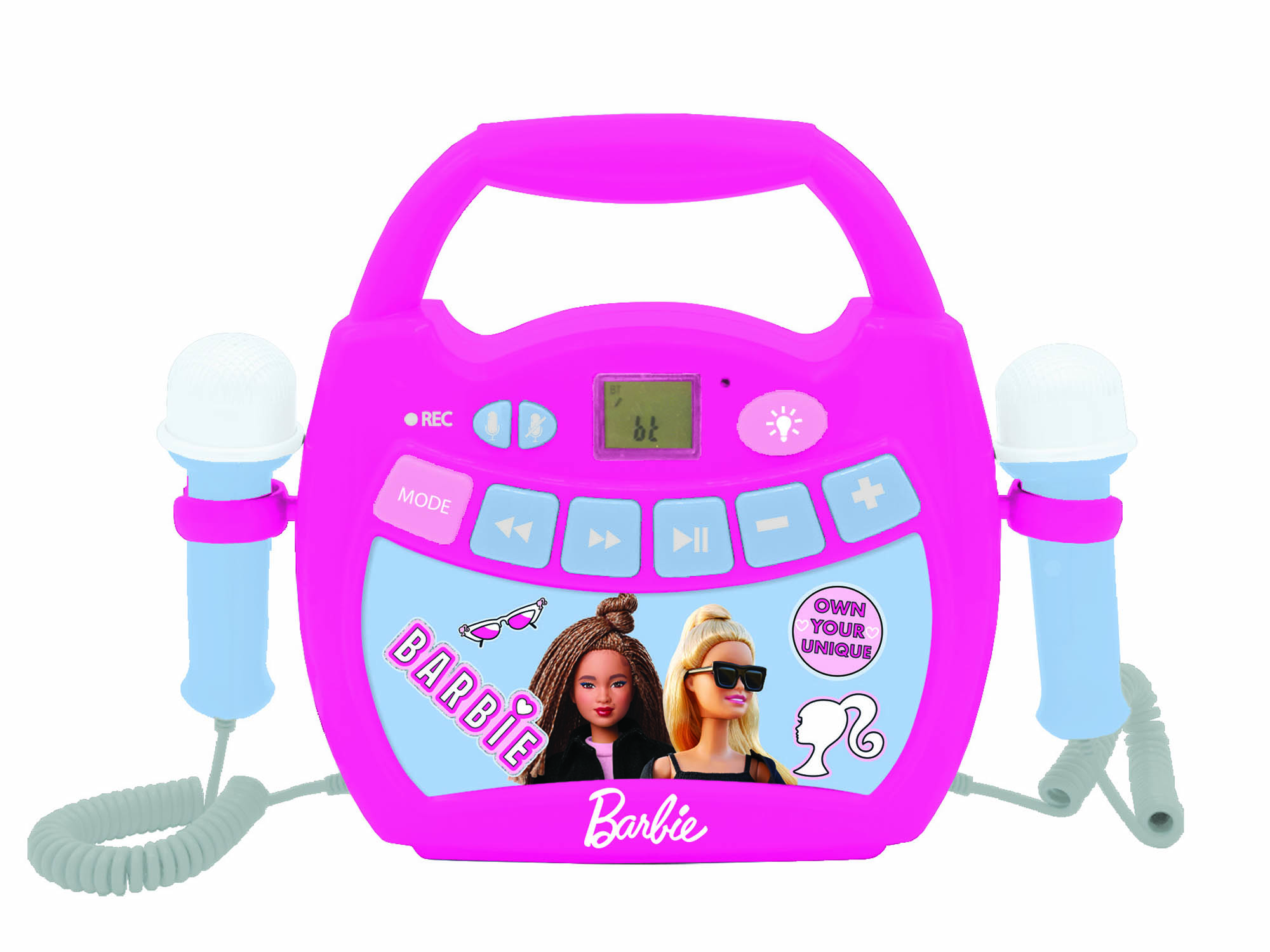 Un lettore karaoke Barbie rosa con due microfoni e grafica Barbie.