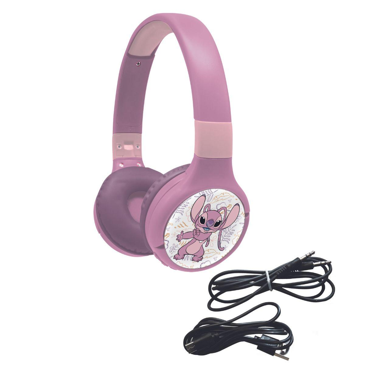 Cuffie viola con Stitch e due cavi audio.