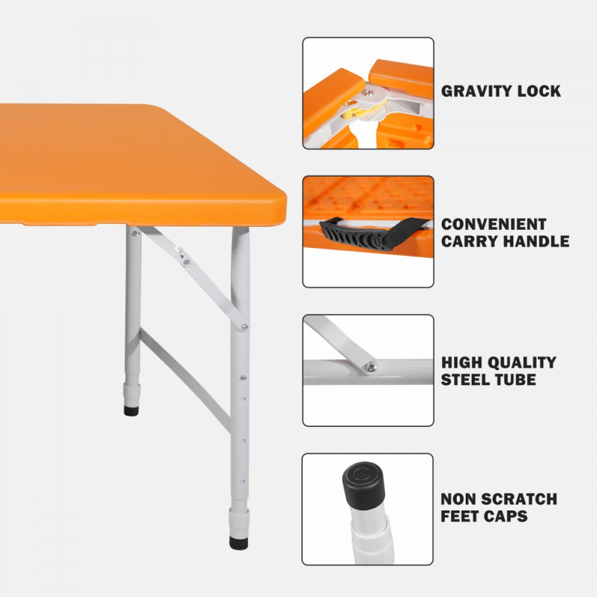 Orange Klapptisch mit weißen Beinen, Details: Schwerkraftverriegelung, Griff, Stahlrohr, Fußkappen.