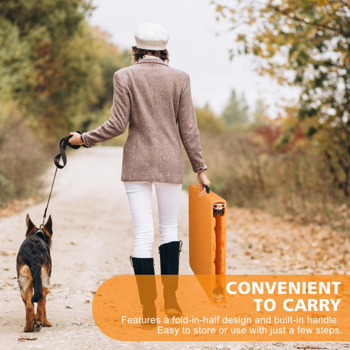 Frau geht mit Hund an der Leine und trägt einen orangefarbenen Klapptisch auf einem Feldweg im Herbst.