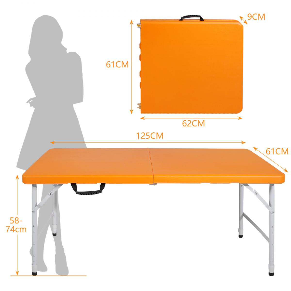 Orange Klapptisch mit Maßen und einer Silhouetten-Figur zur Größenangabe.