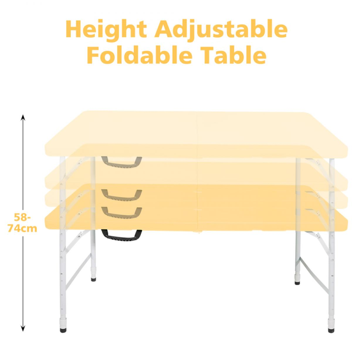 Ein klappbarer Tisch mit Höhenverstellung von 58-74 cm.