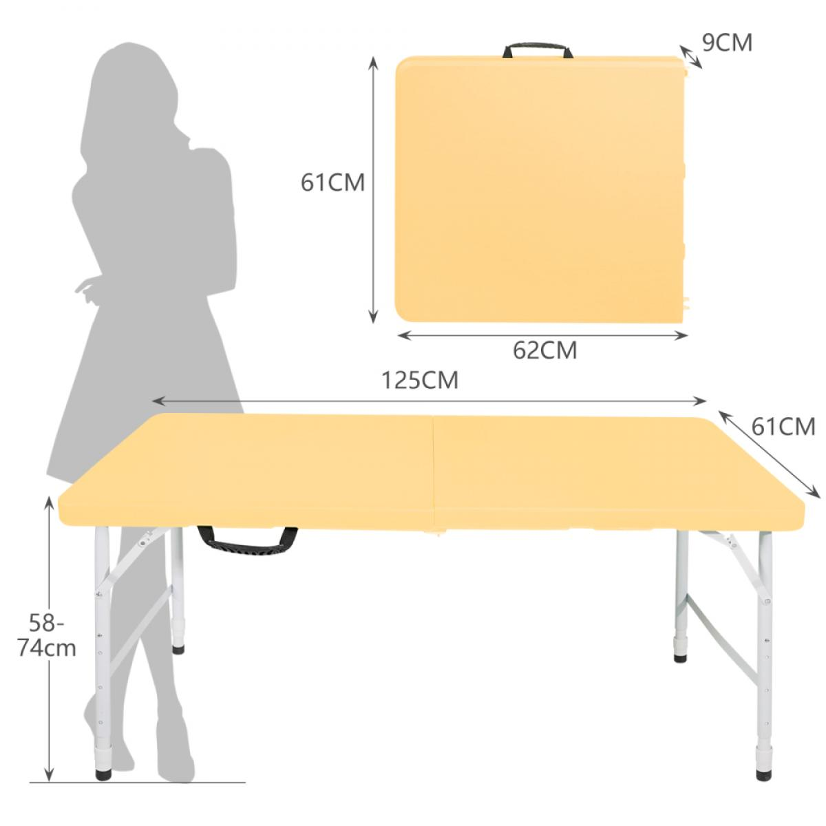 Ein ausgeklappter gelber Tisch (125x62x61cm) mit Maßangaben und einer Silhouette.