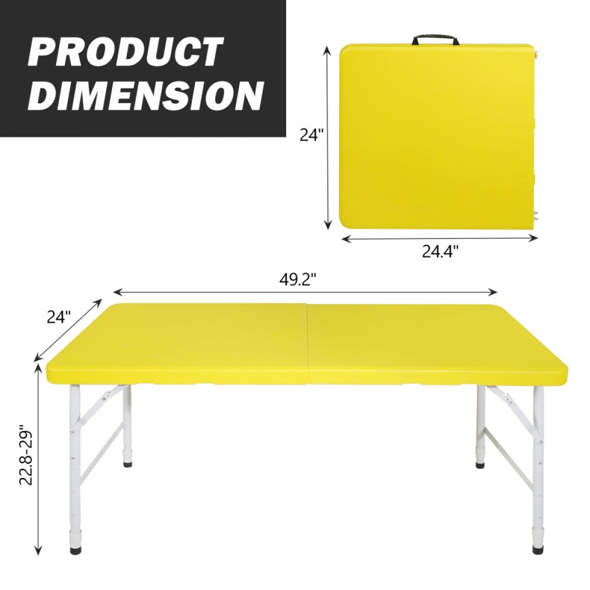 Gelber Klapptisch mit Maßen: 125x62x61-74cm. Oben und Seite.