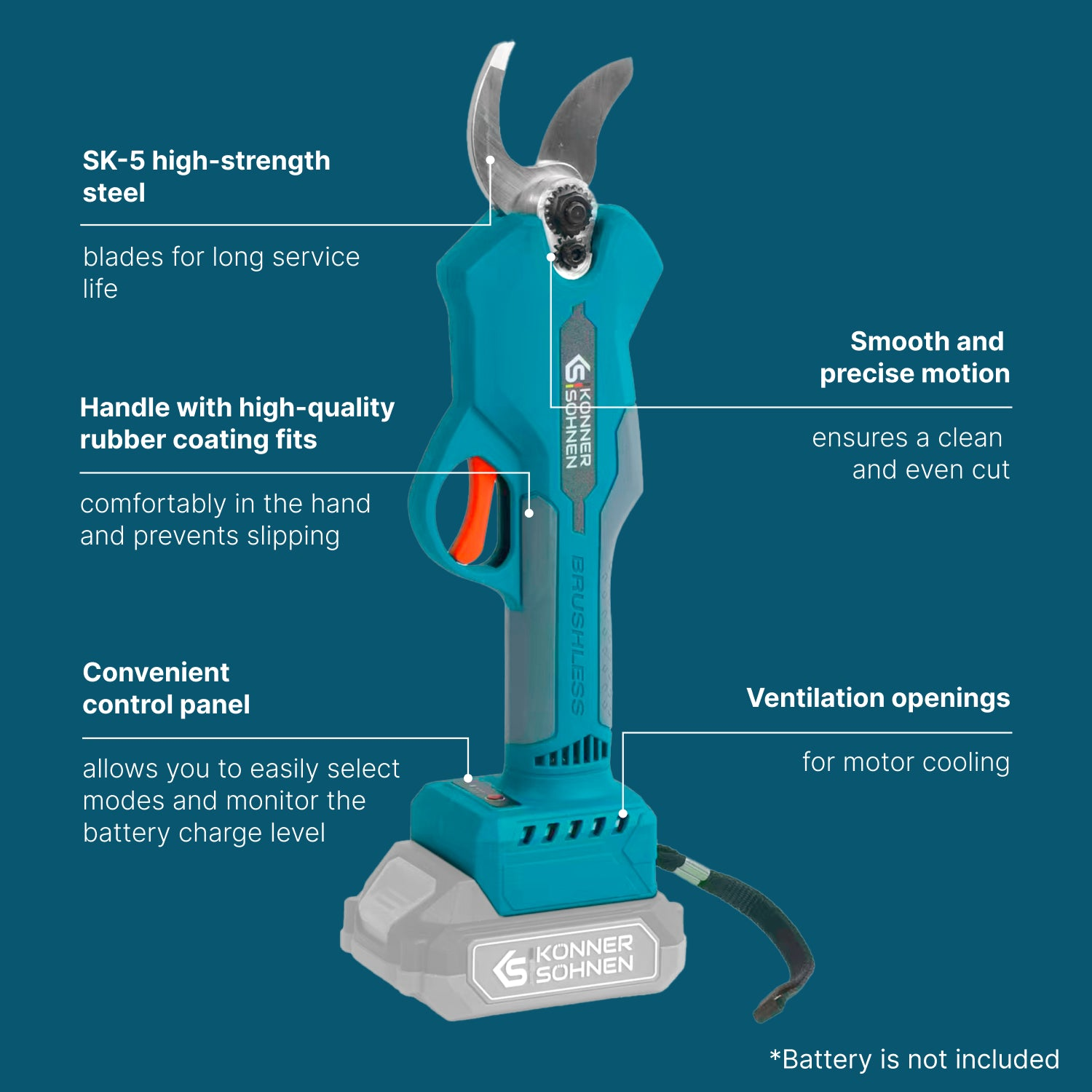 Nożyce do przycinania z akumulatorem, ostrzami ze stali SK-5 i panelem sterowania.
