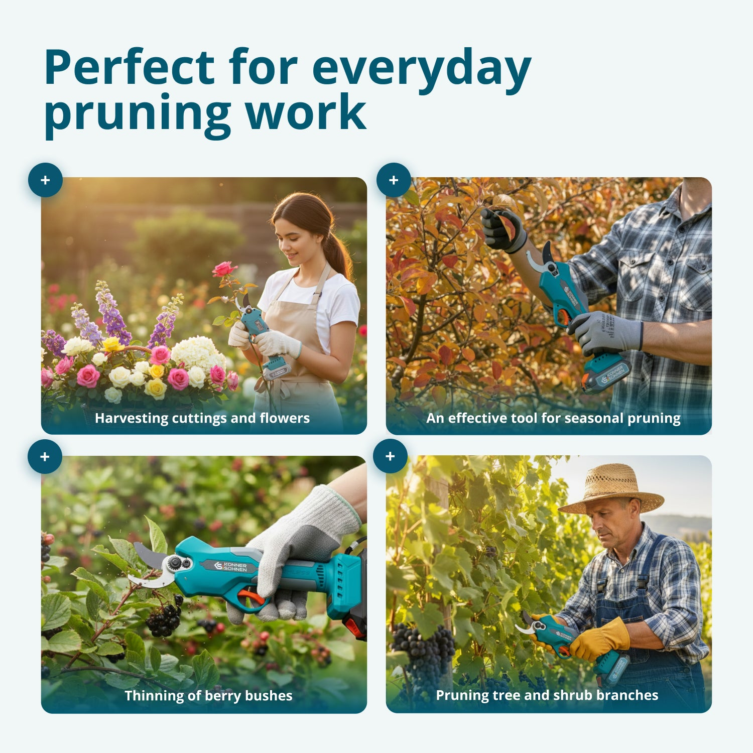 Kobieta tnie kwiaty, mężczyzna tnie drzewo, mężczyzna tnie jagody, mężczyzna tnie winorośl.