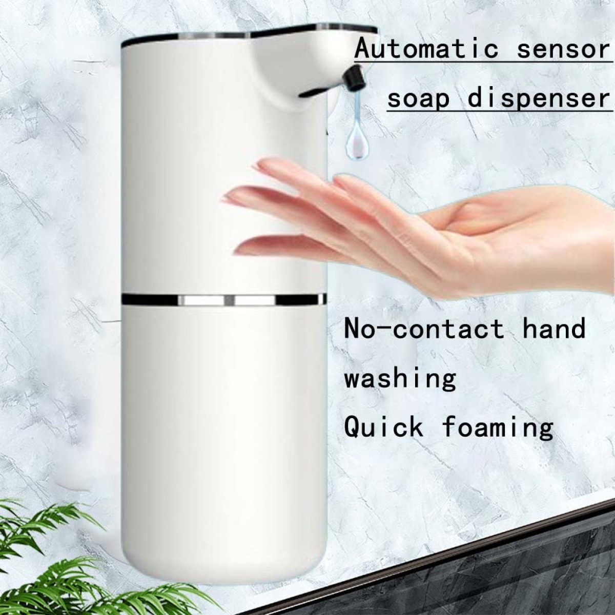 Ein weißer Seifenspender mit Sensor gibt Schaum auf eine Hand.
