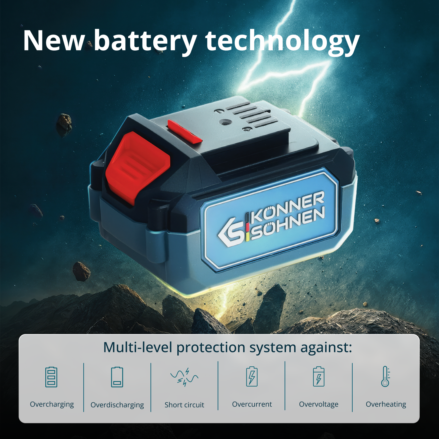 Czarny akumulator z czerwonym przyciskiem, "New battery technology".