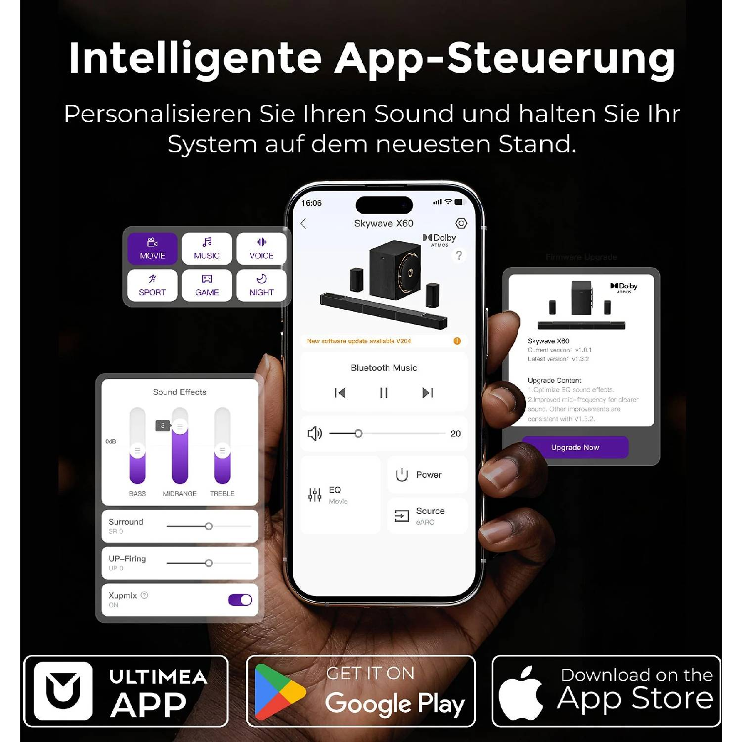 Personne tenant un smartphone avec une application de contrôle sonore. Effets sonores et options de mise à jour du firmware visibles.