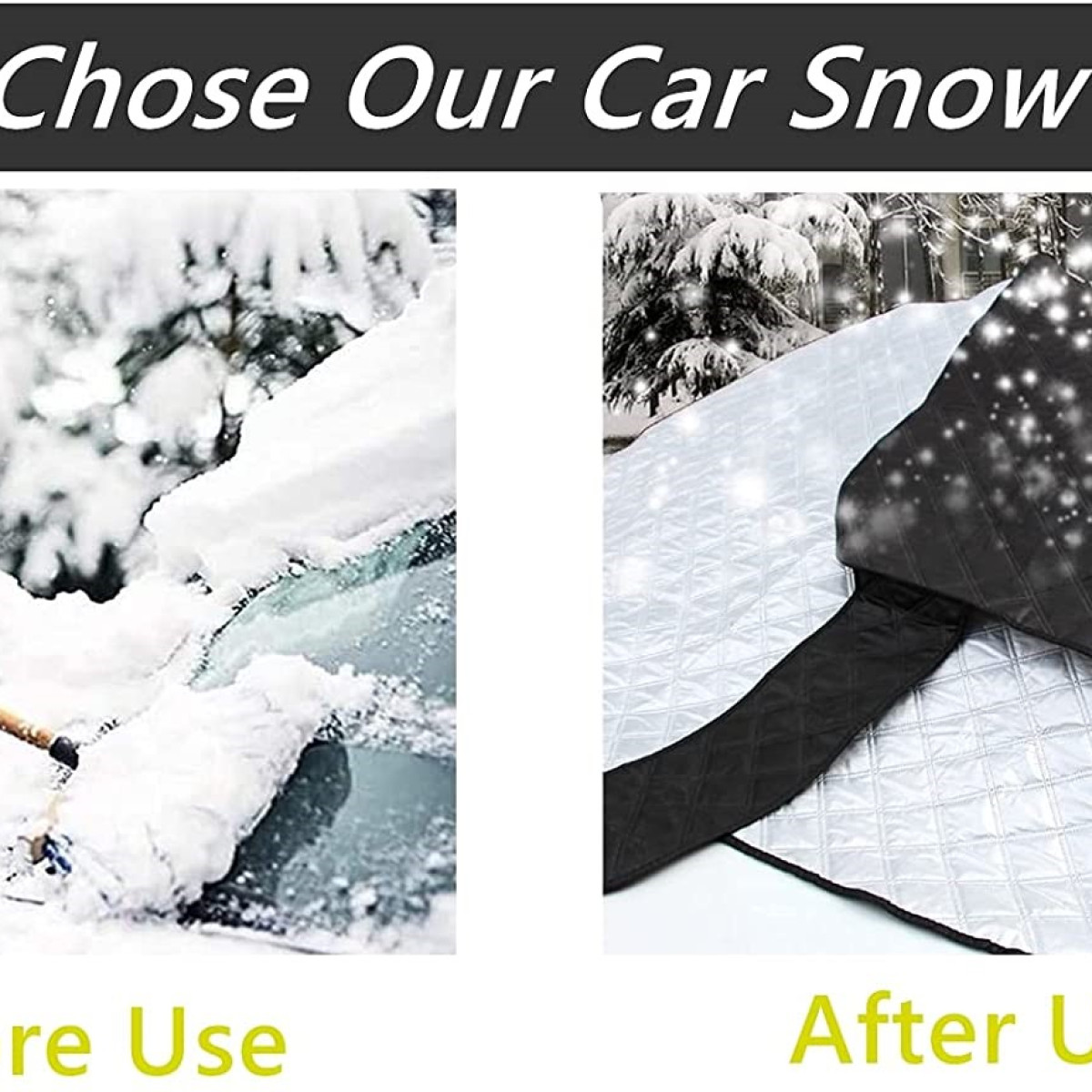 Auto mit Schneeschutz vor und nach dem Gebrauch.