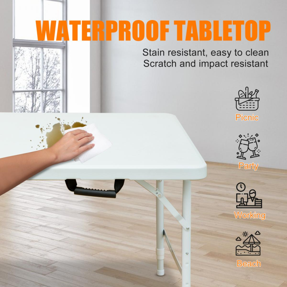 Eine Hand wischt eine Flüssigkeit von einem weißen Tisch. "WATERPROOF TABLETOP" ist zu sehen.