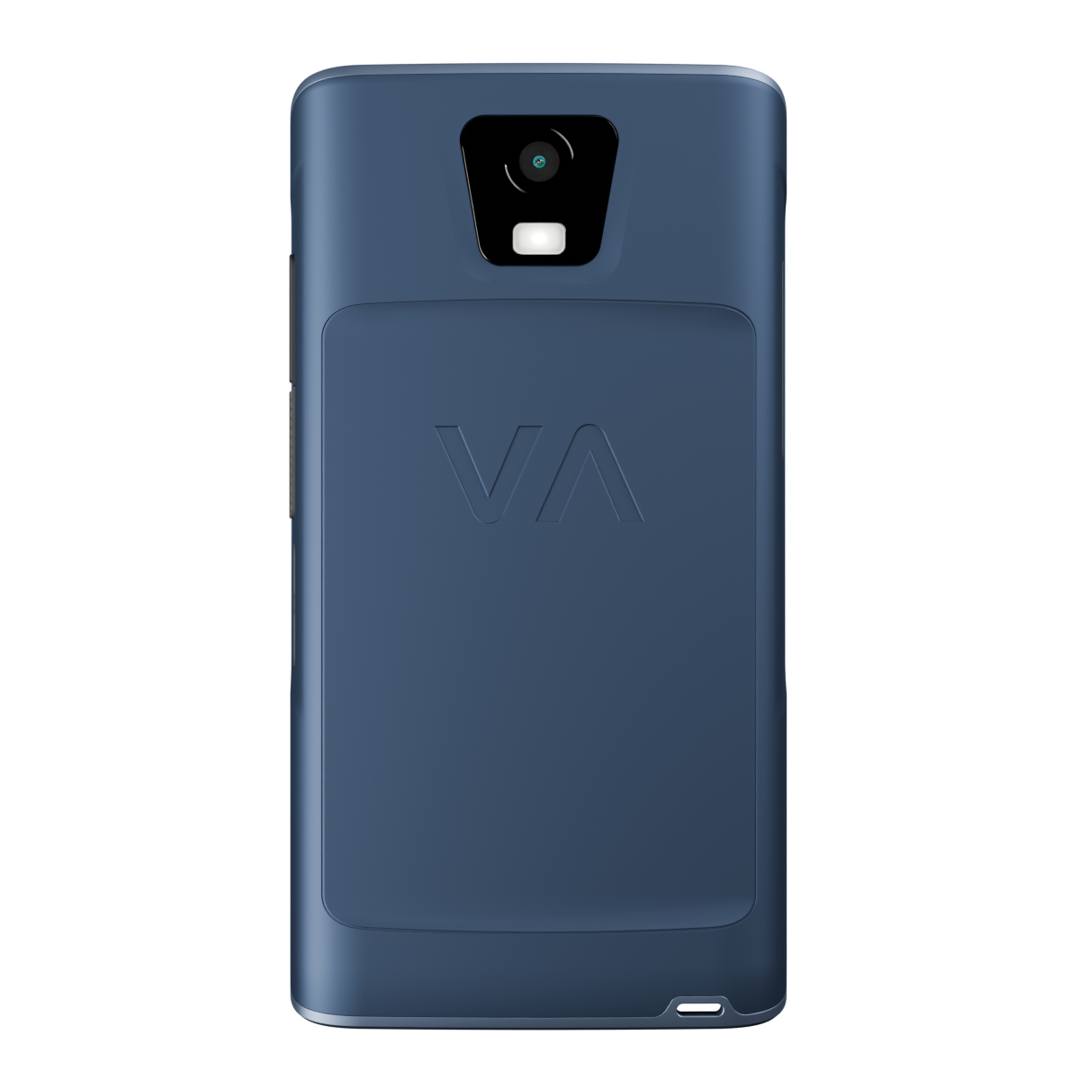 Rückseite eines dunkelblauen Smartphones mit Kamera und VA-Logo.