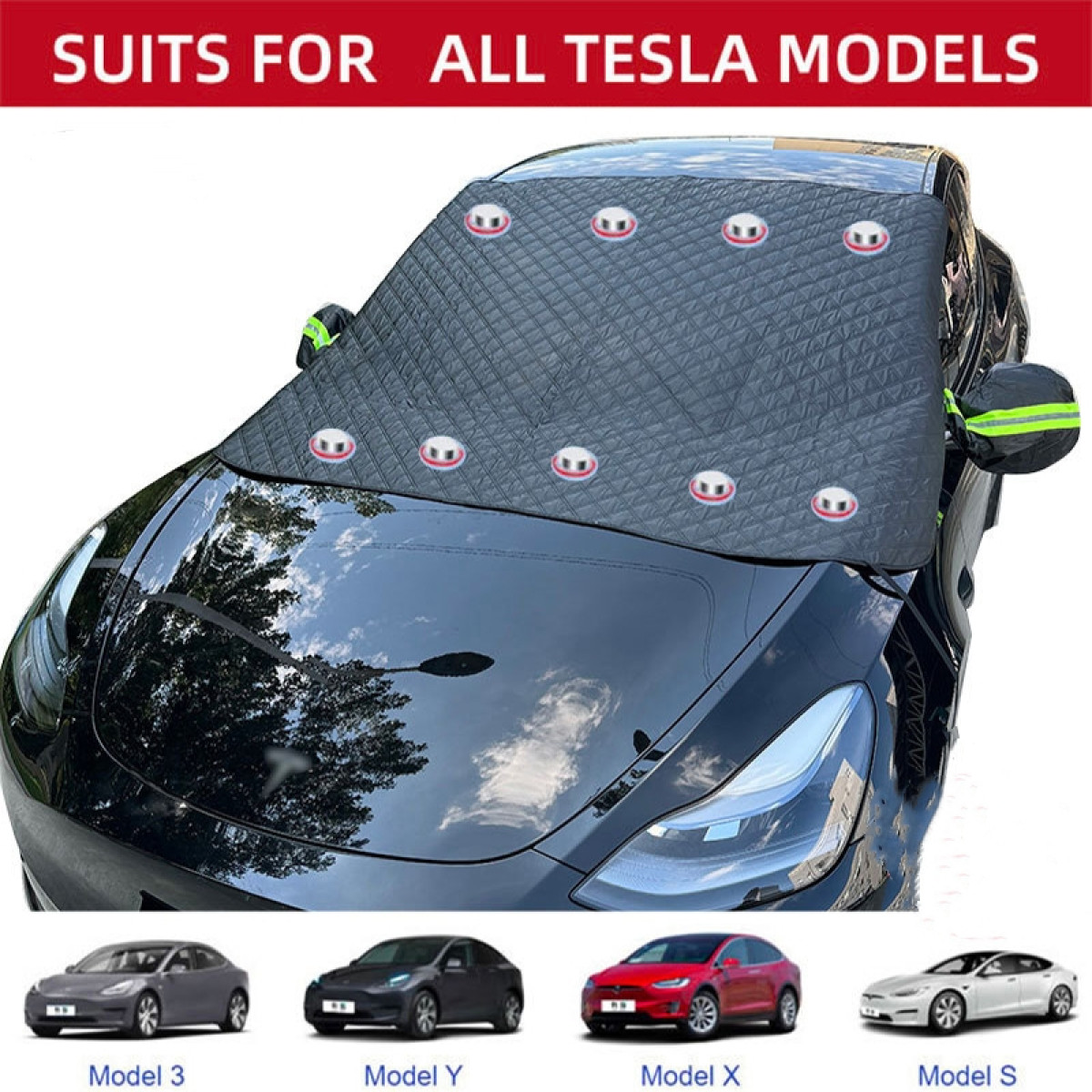 Graue Autoabdeckung für Tesla-Windschutzscheibe mit roten, weißen und blauen Symbolen.
