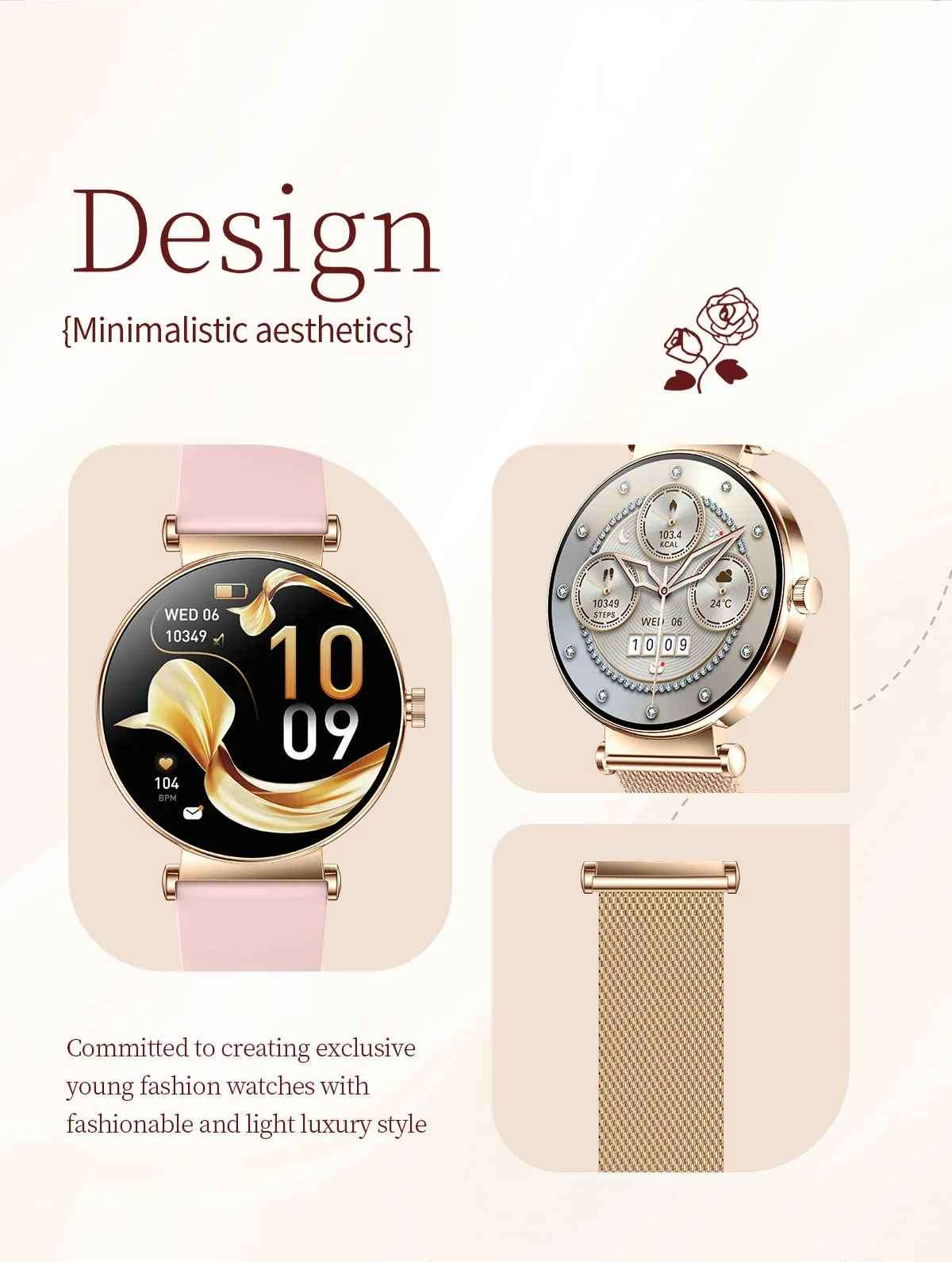 Zwei rosa und goldene Smartwatches mit einem Armband daneben.