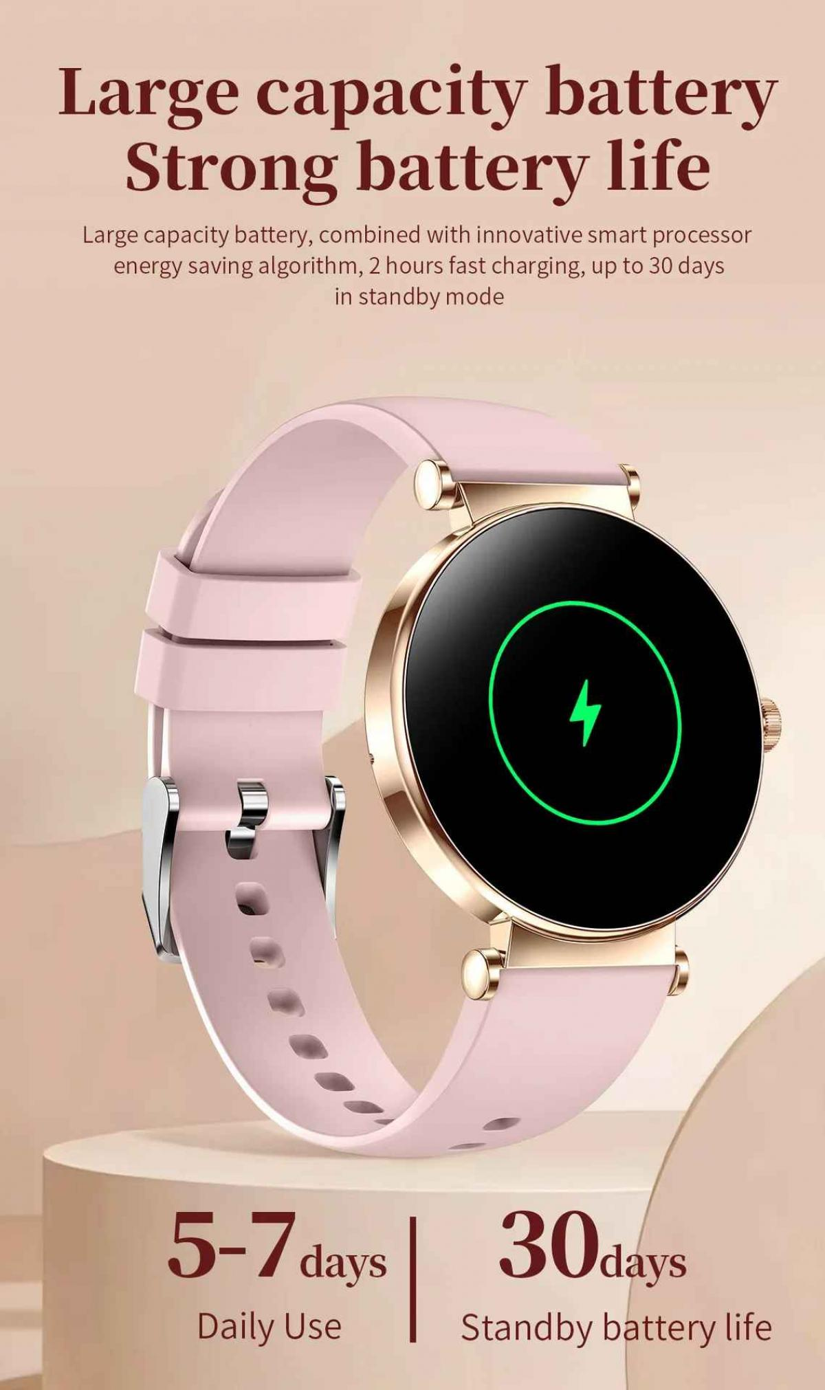 Ein rosa Smartwatch mit Ladeanzeige und Akkulaufzeitangaben.