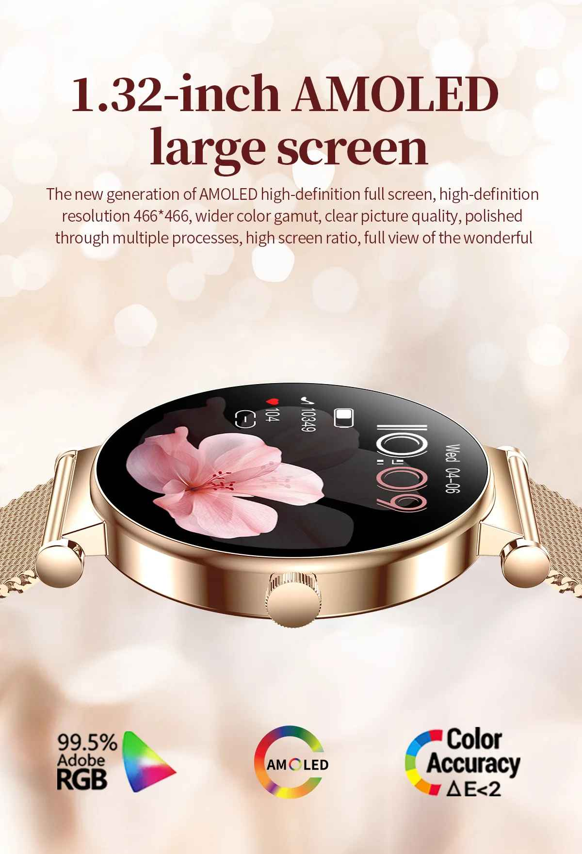 Goldene Smartwatch mit rosa Blume auf dem Bildschirm. Uhrzeit 10:09, Mi 04-06.
