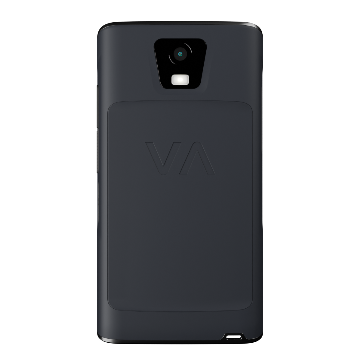Dunkelgraues Smartphone mit Kamera, Blitz und VA-Logo auf der Rückseite.