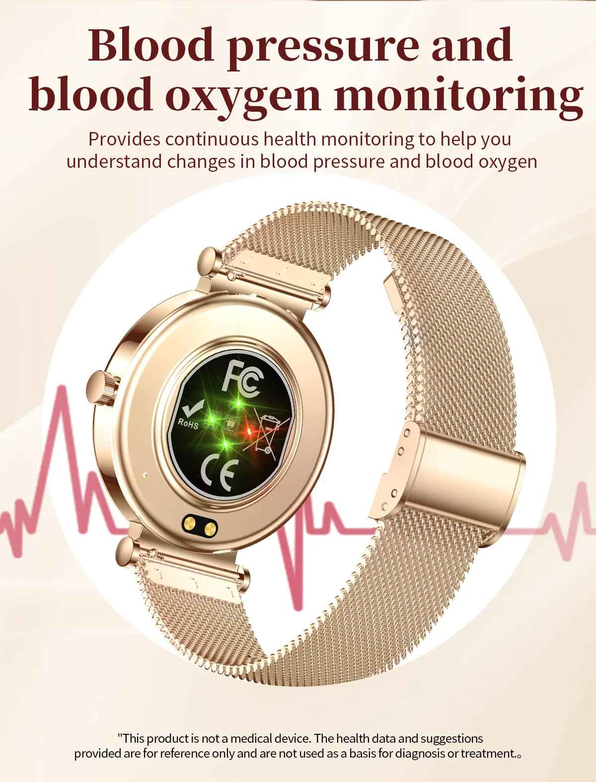 Goldene Smartwatch mit Mesh-Armband, Herzfrequenz-Hintergrund.