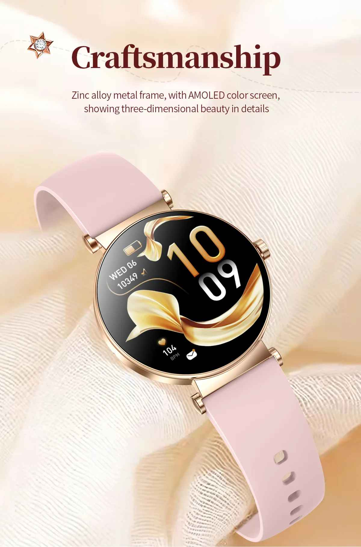 Goldene Smartwatch mit pinkem Armband auf strukturiertem Stoff. Bildschirm zeigt 10:09 Uhr.